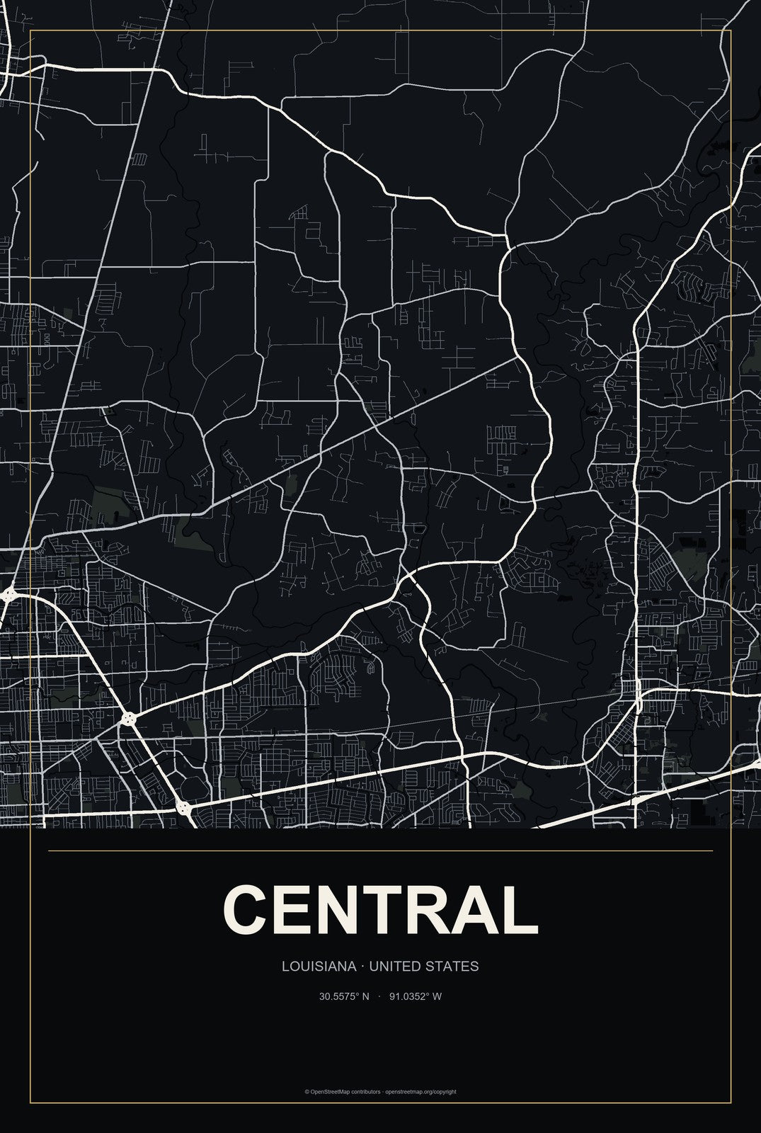 Central, Louisiana City Map Aluminum Sign in Metropolitan Noir style