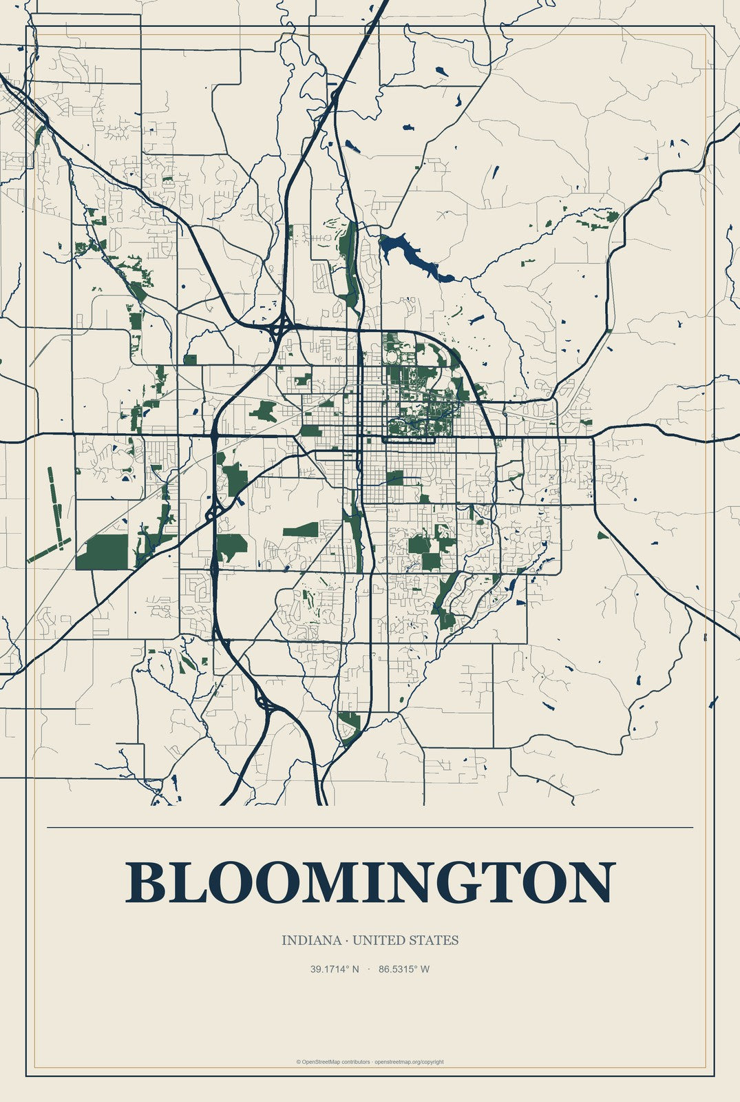 Bloomington, Indiana City Map Aluminum Sign in Coastal Cutout style