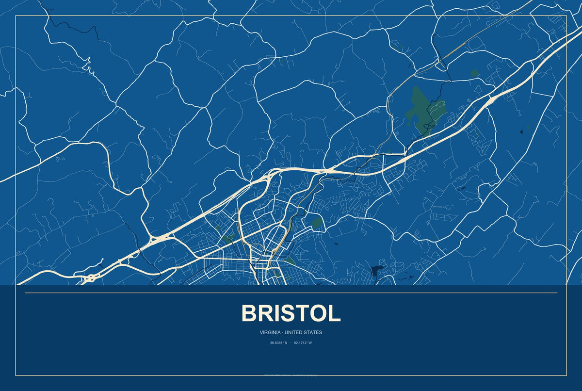 Bristol, Virginia City Map Aluminum Sign in Harbor Cobalt style