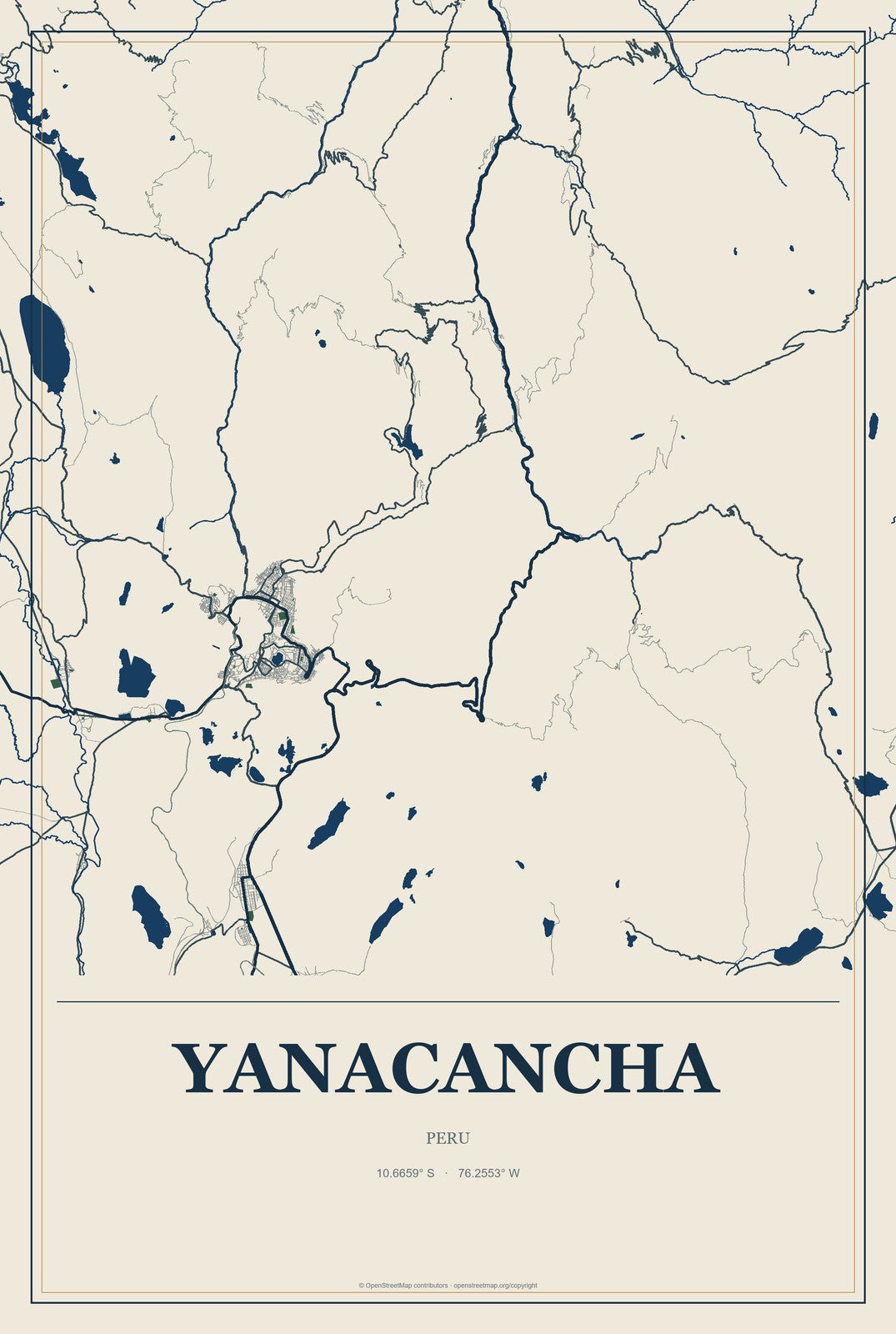 Yanacancha, Pasco, Peru City Map Aluminum Sign in Coastal Cutout style