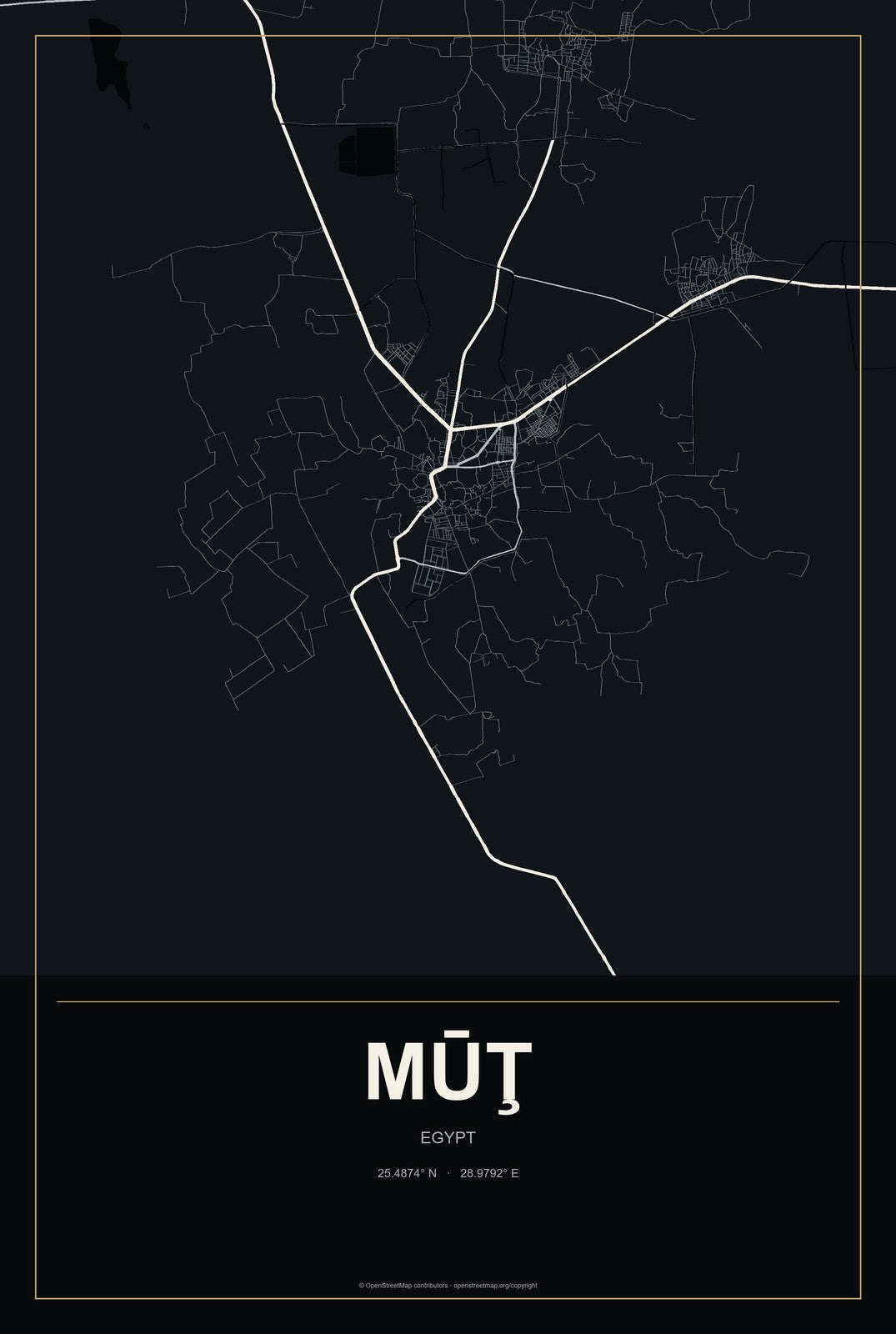 Mūţ, Egypt City Map Aluminum Sign in Metropolitan Noir style