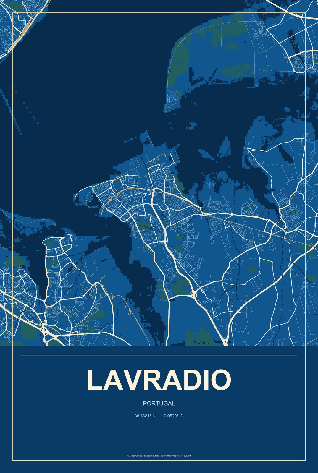 Lavradio, Portugal City Map Aluminum Sign in Harbor Cobalt style