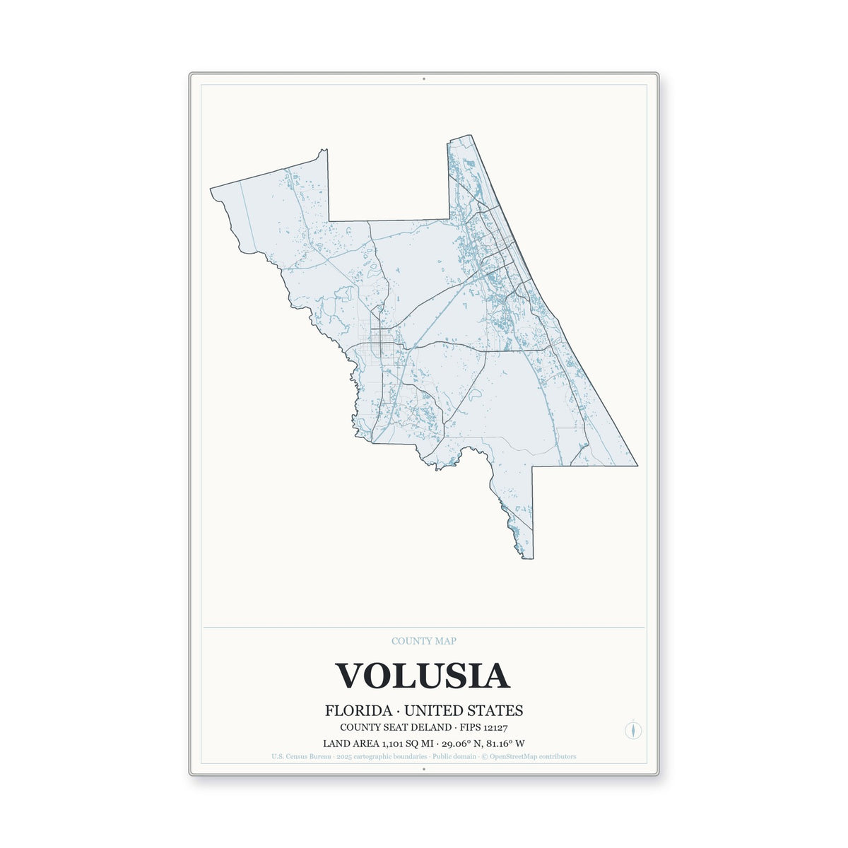 Volusia County, Florida Map Aluminum Sign in Gallery Air style