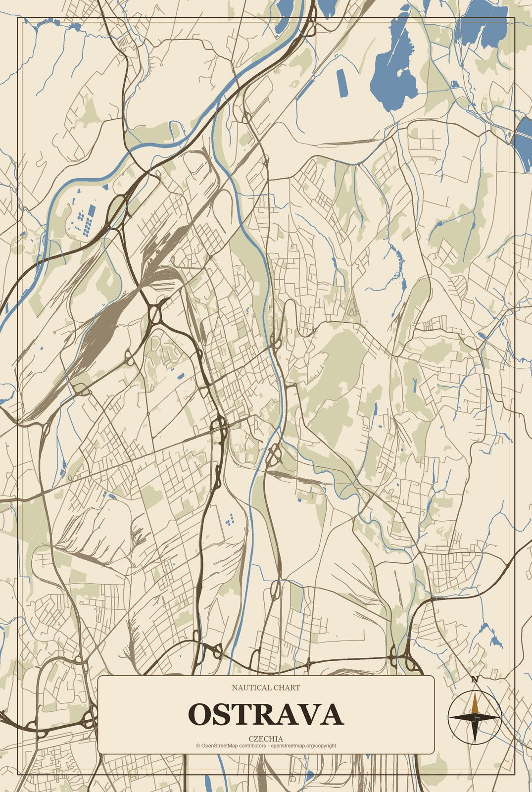 Ostrava, Czechia City Map Aluminum Sign in Heritage Nautical style