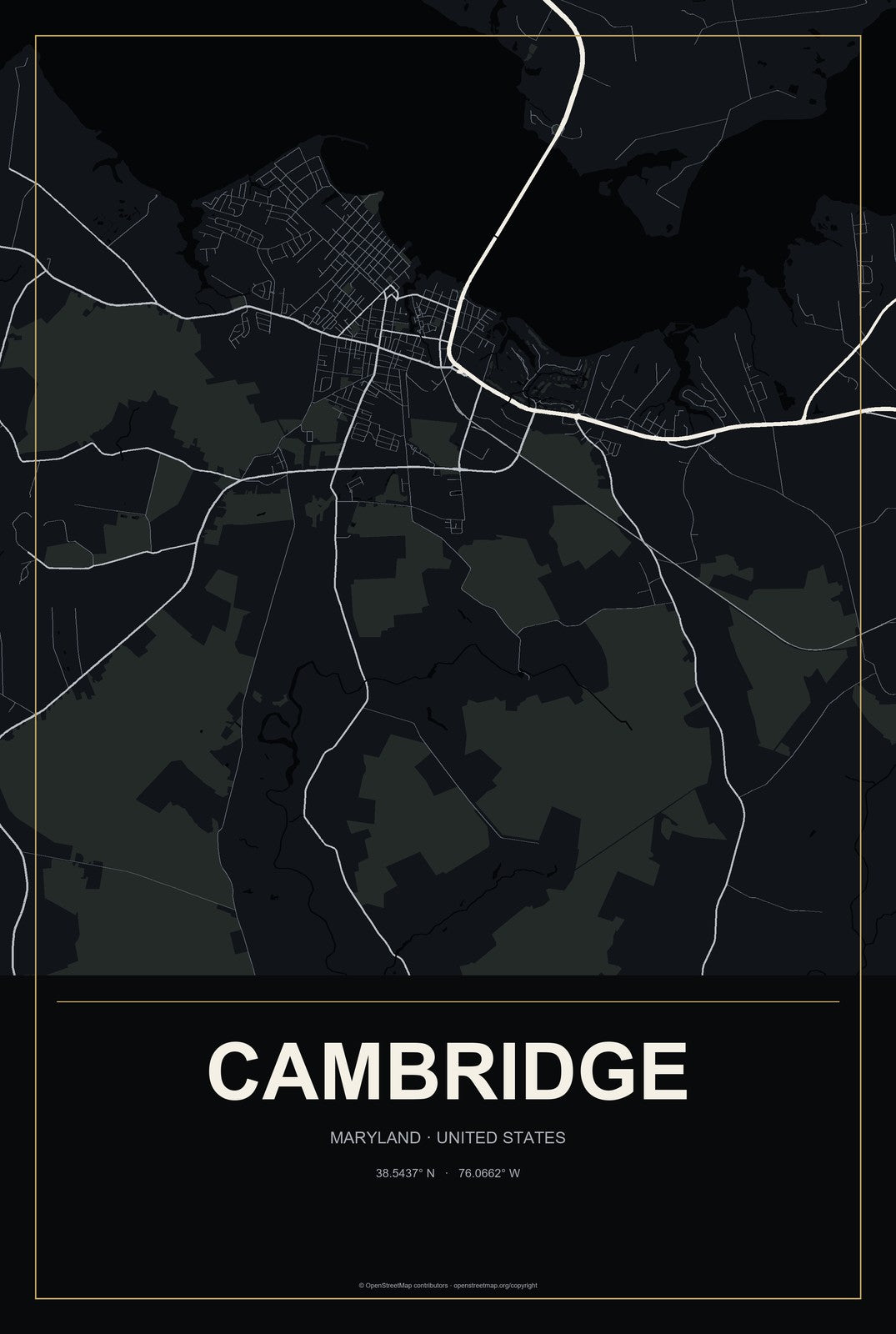 Cambridge, Maryland City Map Aluminum Sign in Metropolitan Noir style