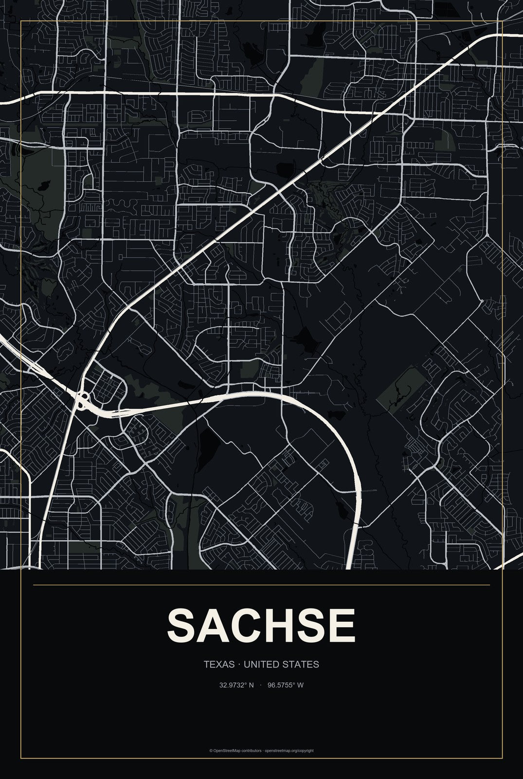 Sachse, Texas City Map Aluminum Sign in Metropolitan Noir style