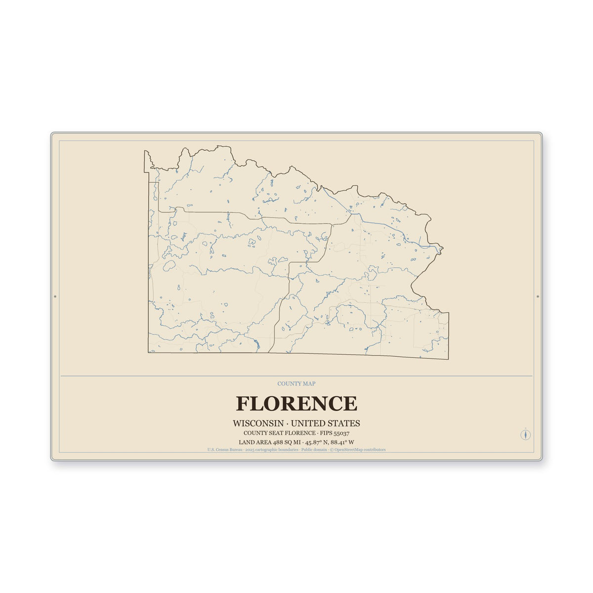 Florence County, Wisconsin Map Aluminum Sign in Heritage Nautical style