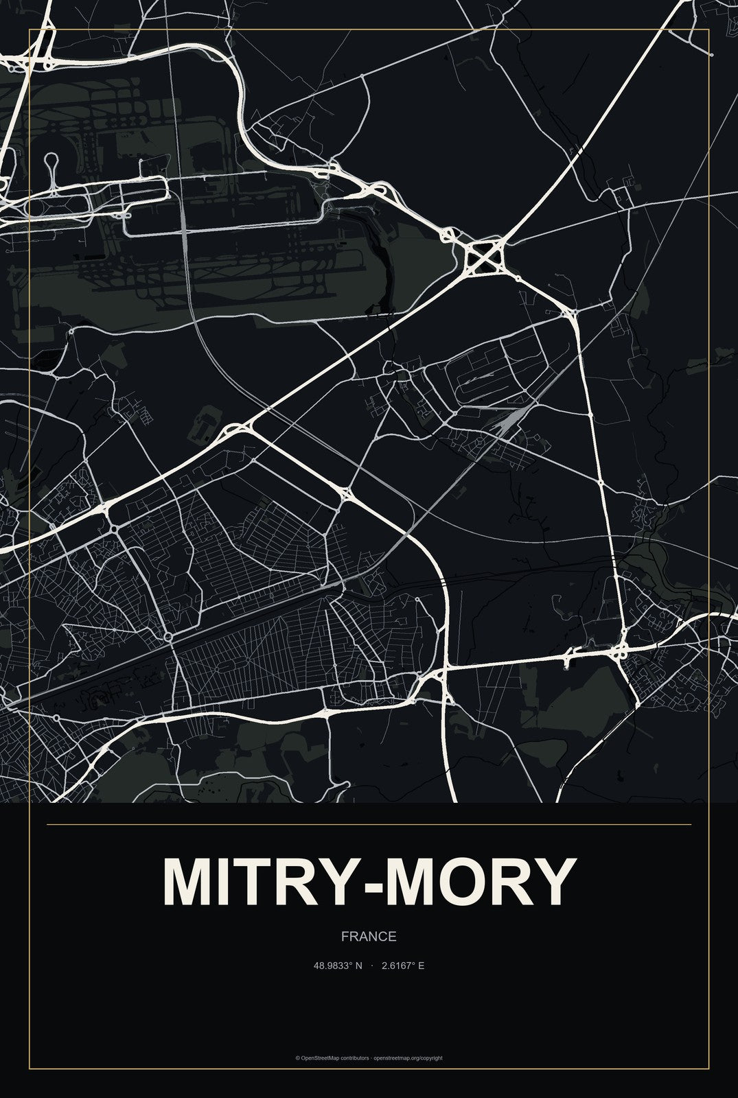 Mitry-Mory, France City Map Aluminum Sign in Metropolitan Noir style