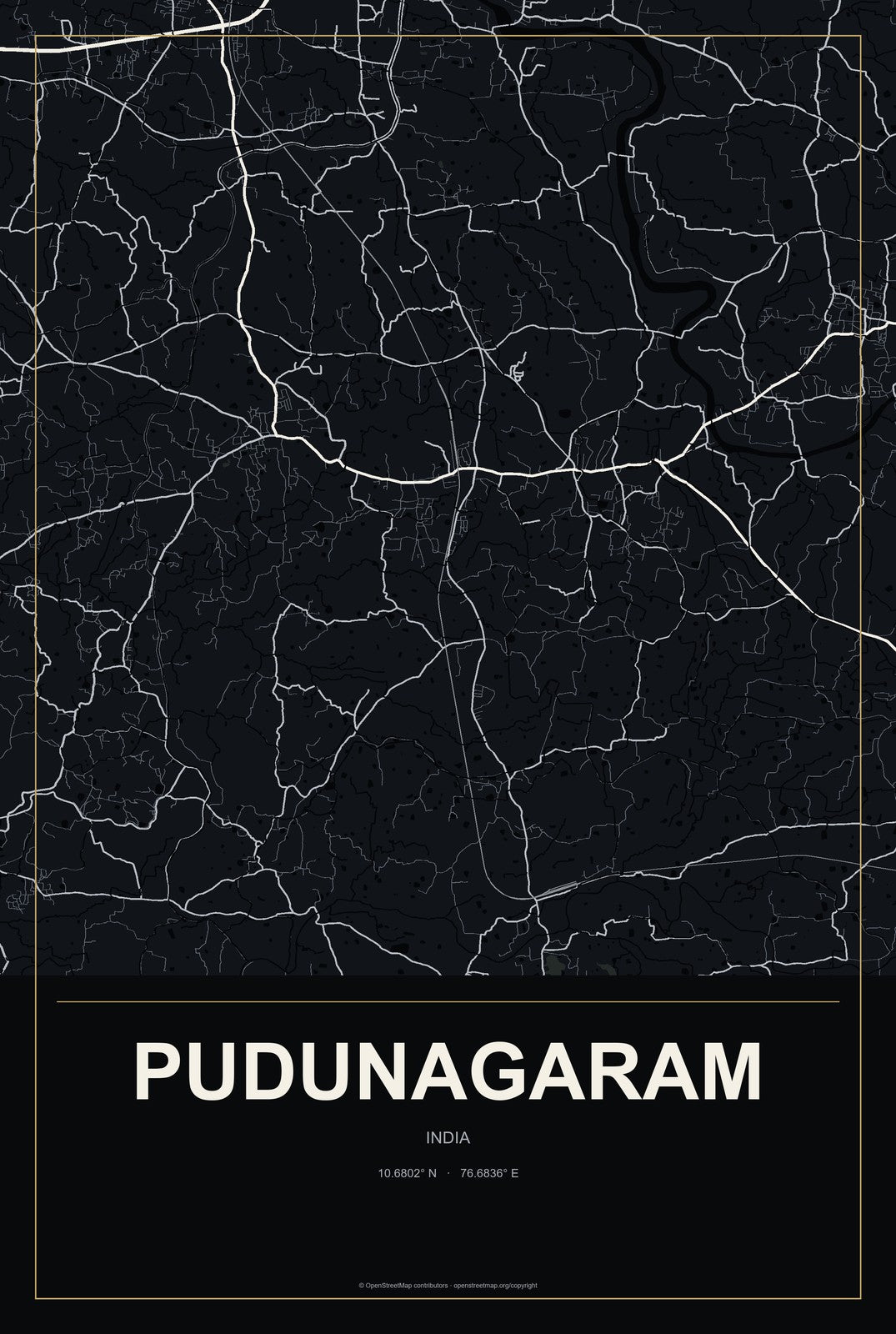 Pudunagaram, India City Map Aluminum Sign in Metropolitan Noir style