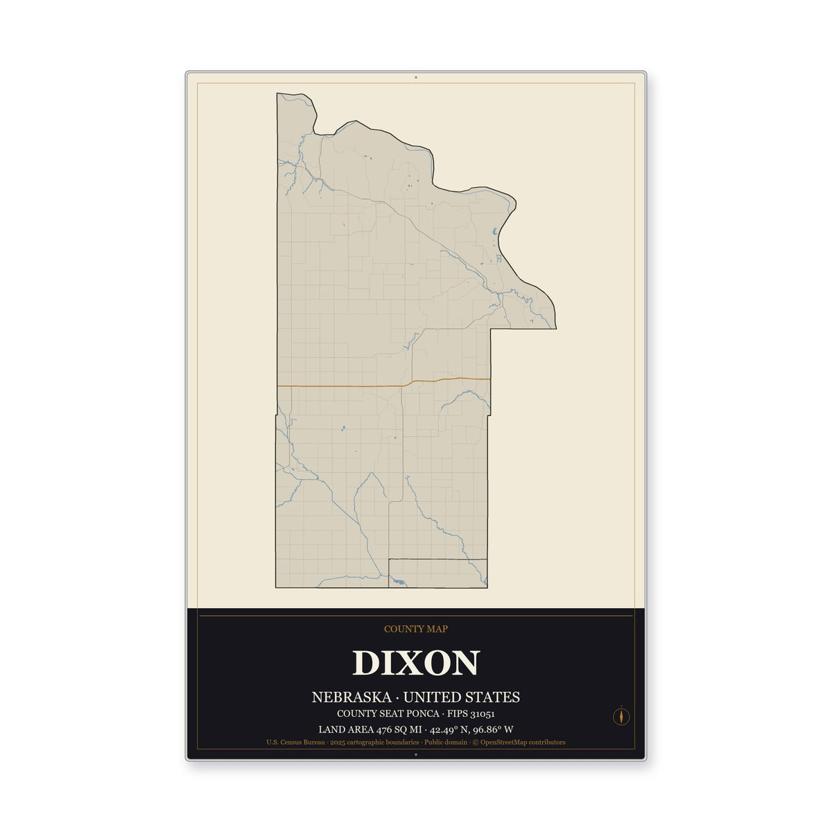 Dixon County, Nebraska Map Aluminum Sign in Museum Plaque style