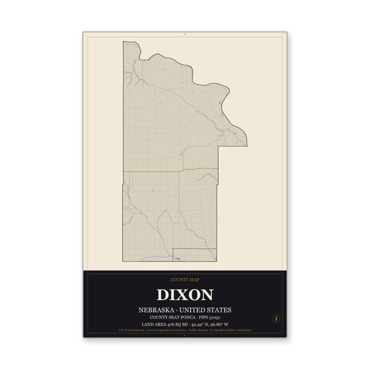 Dixon County, Nebraska Map Aluminum Sign in Museum Plaque style