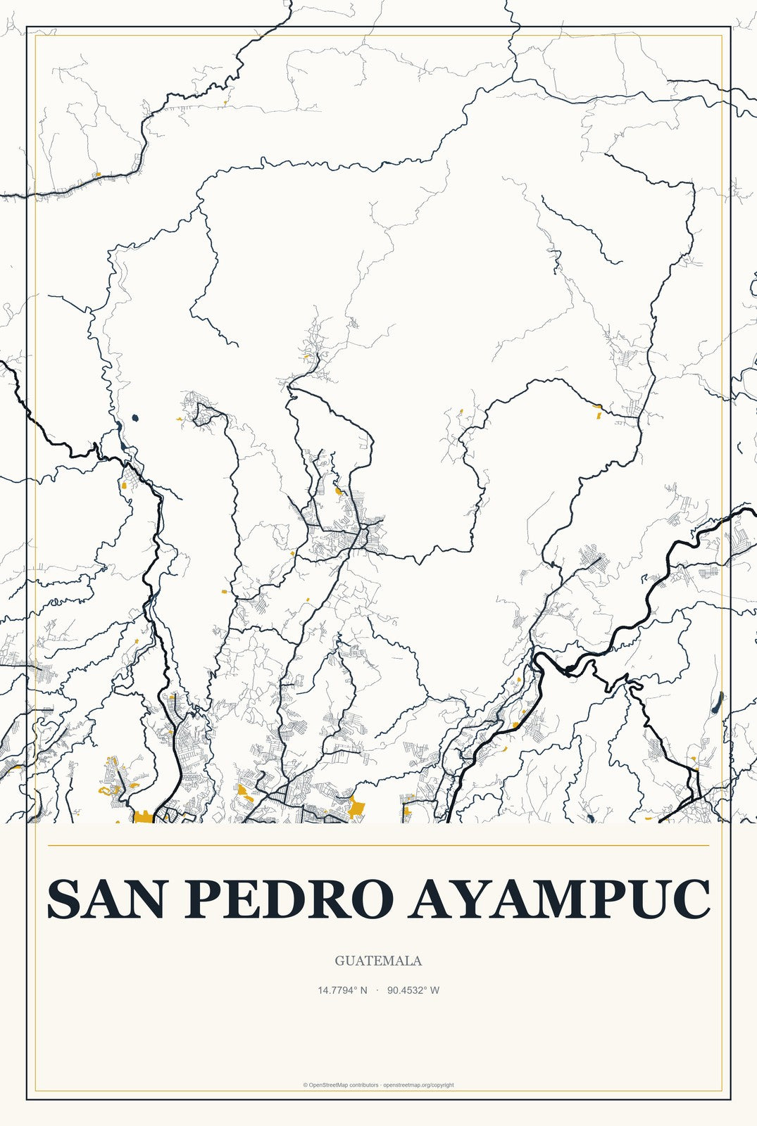San Pedro Ayampuc, Guatemala City Map Aluminum Sign in Citrine Modern style