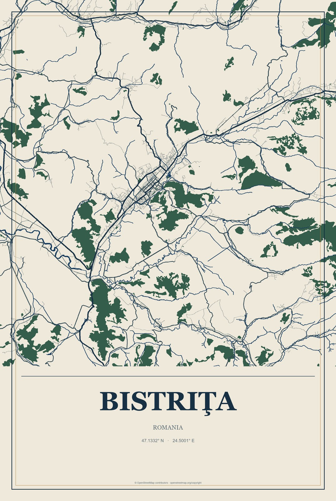 Bistriţa, Romania City Map Aluminum Sign in Coastal Cutout style