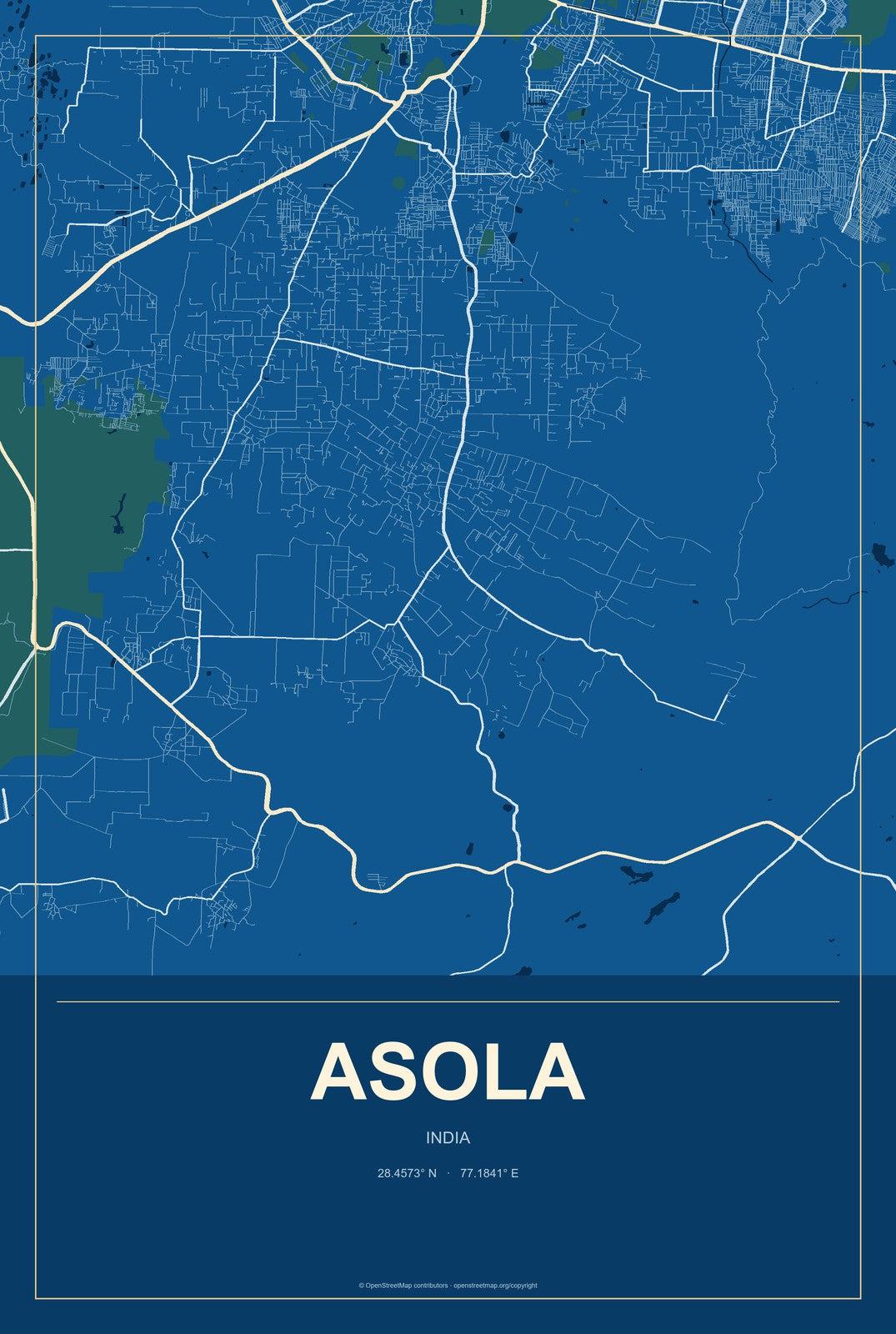 Asola, India City Map Aluminum Sign in Harbor Cobalt style
