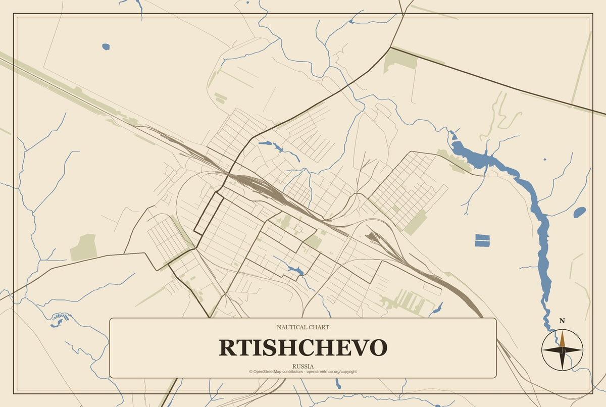 Rtishchevo, Russia City Map Aluminum Sign in Heritage Nautical style