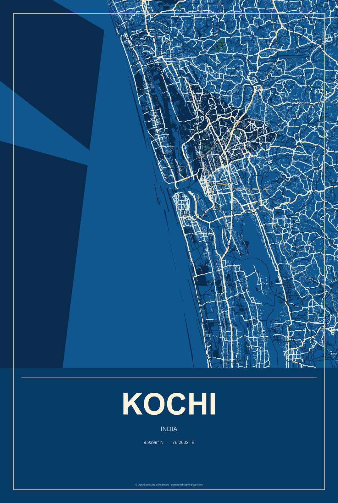 Kochi, India City Map Aluminum Sign in Harbor Cobalt style