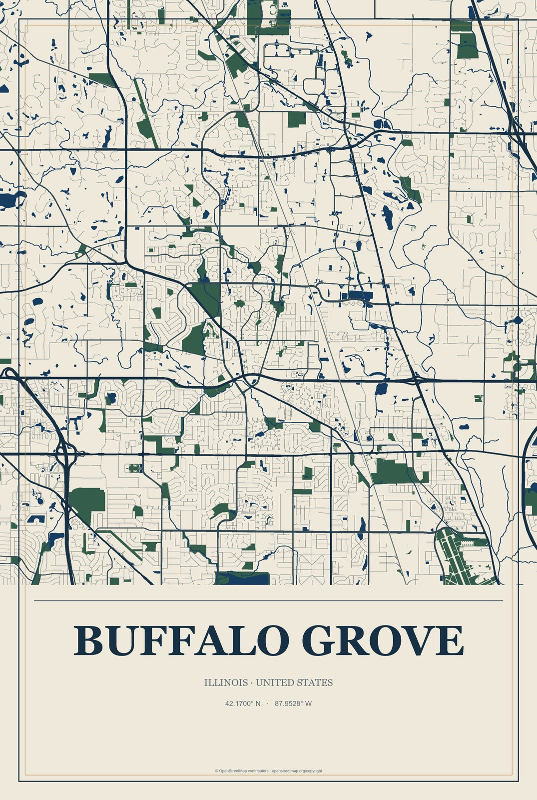 Buffalo Grove, Illinois City Map Aluminum Sign in Coastal Cutout style