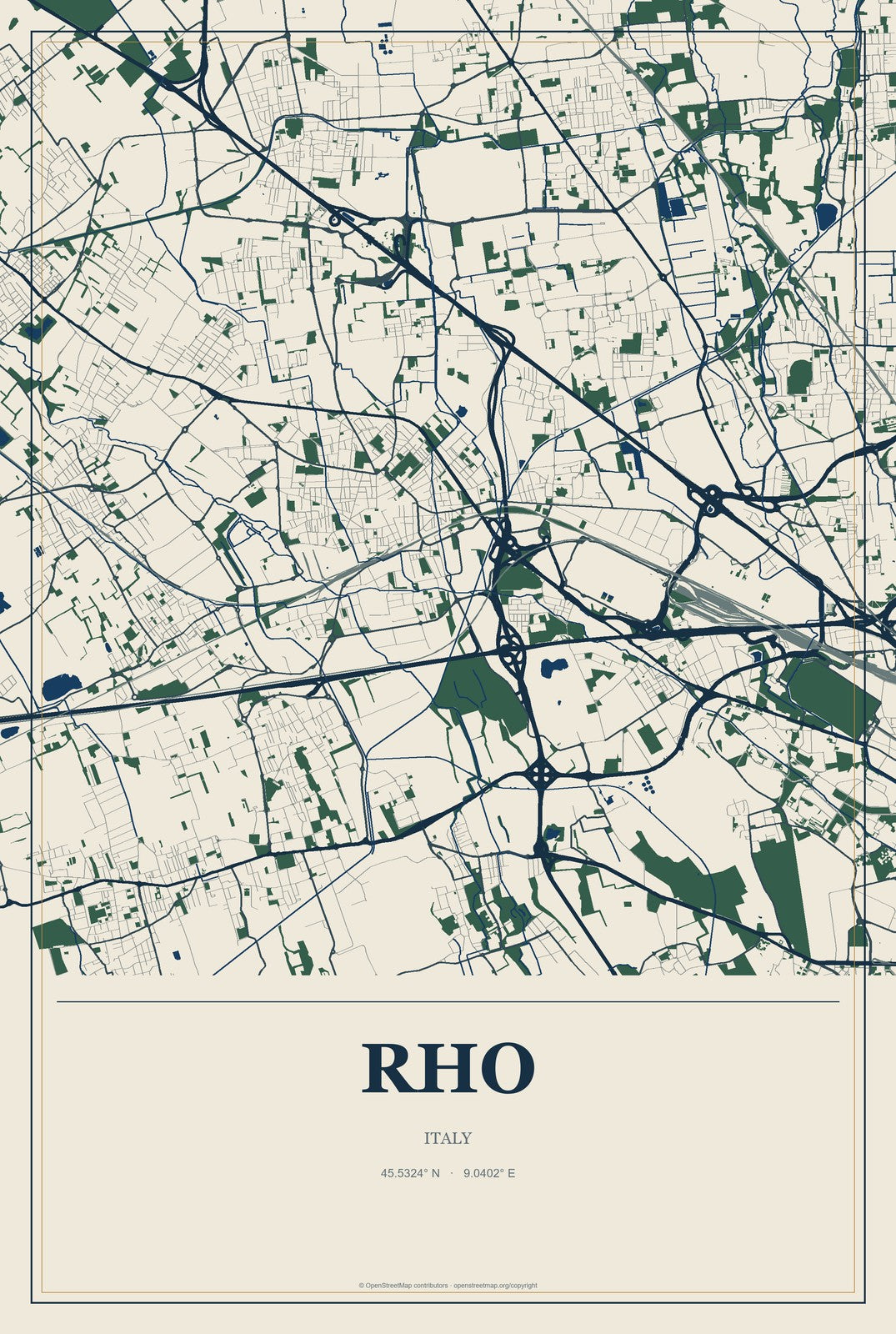 Rho, Italy City Map Aluminum Sign in Coastal Cutout style