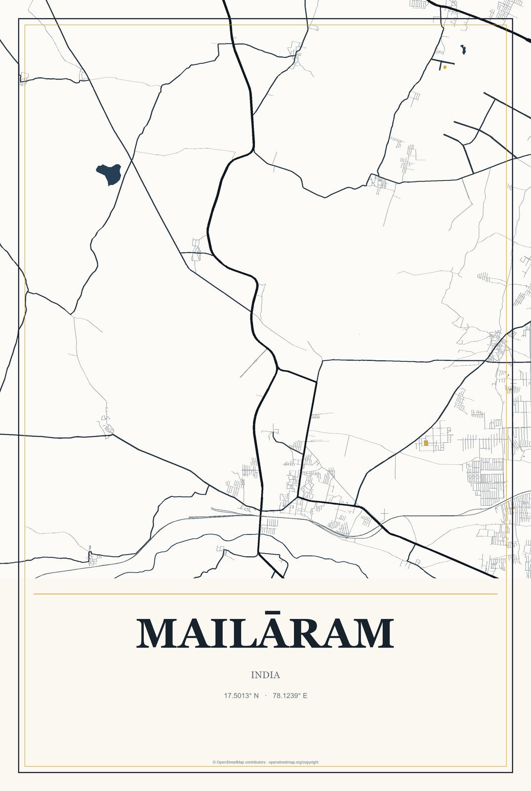 Mailāram, India City Map Aluminum Sign in Citrine Modern style