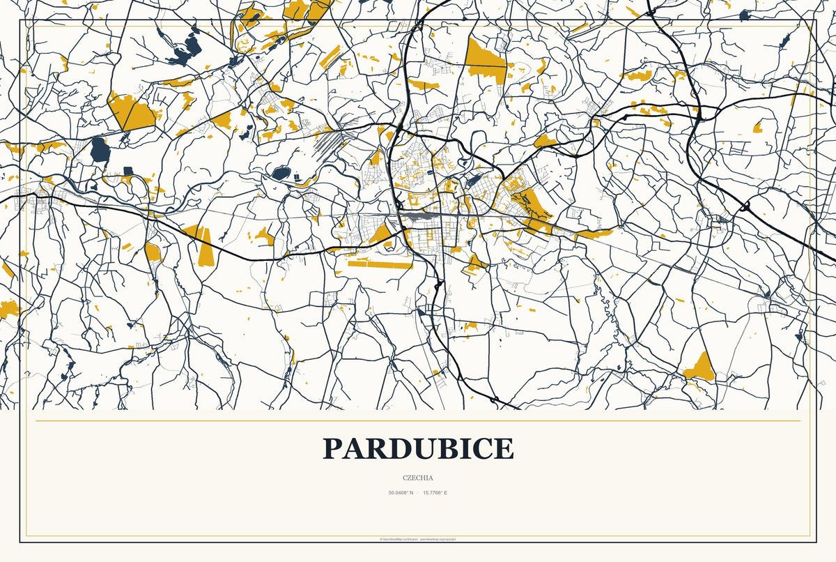 Pardubice, Czechia City Map Aluminum Sign in Citrine Modern style