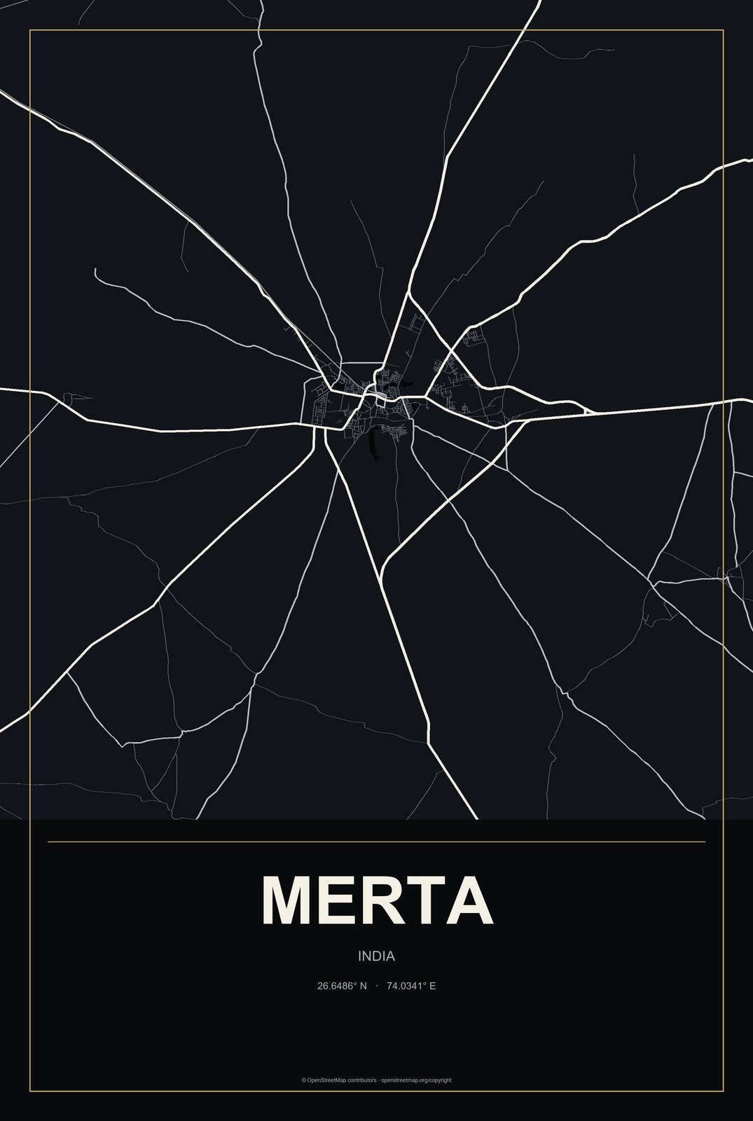Merta, India City Map Aluminum Sign in Metropolitan Noir style