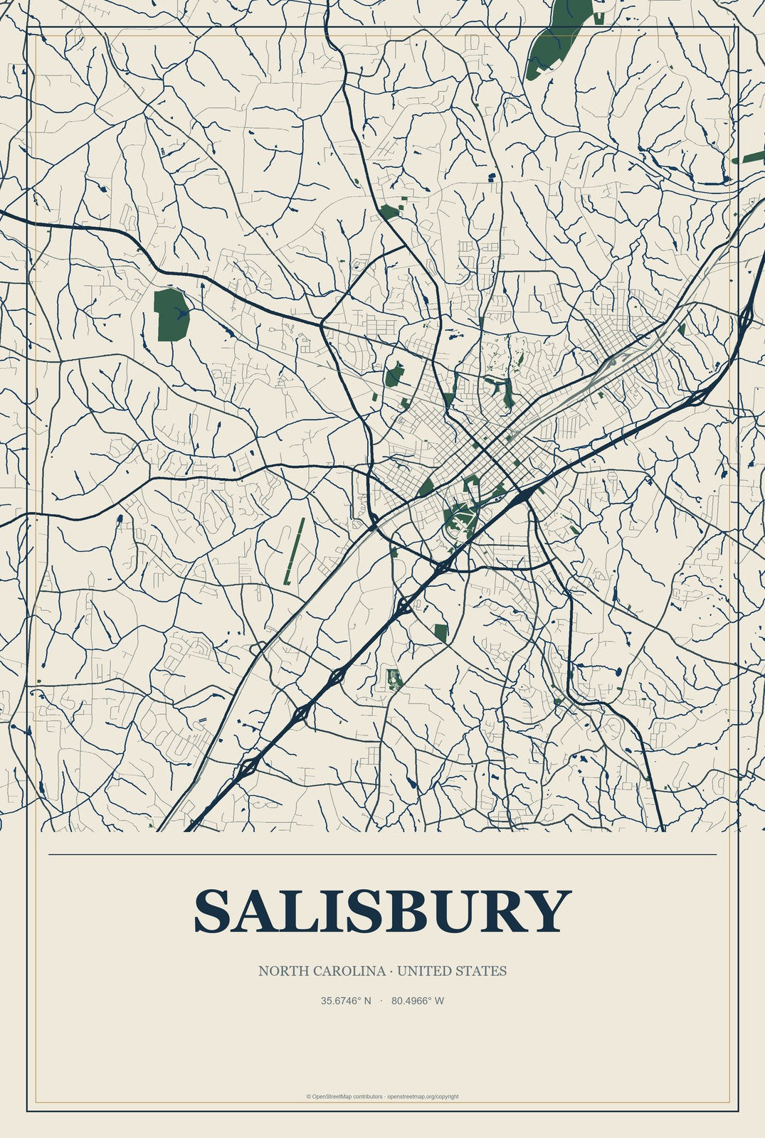 Salisbury, North Carolina City Map Aluminum Sign in Coastal Cutout style