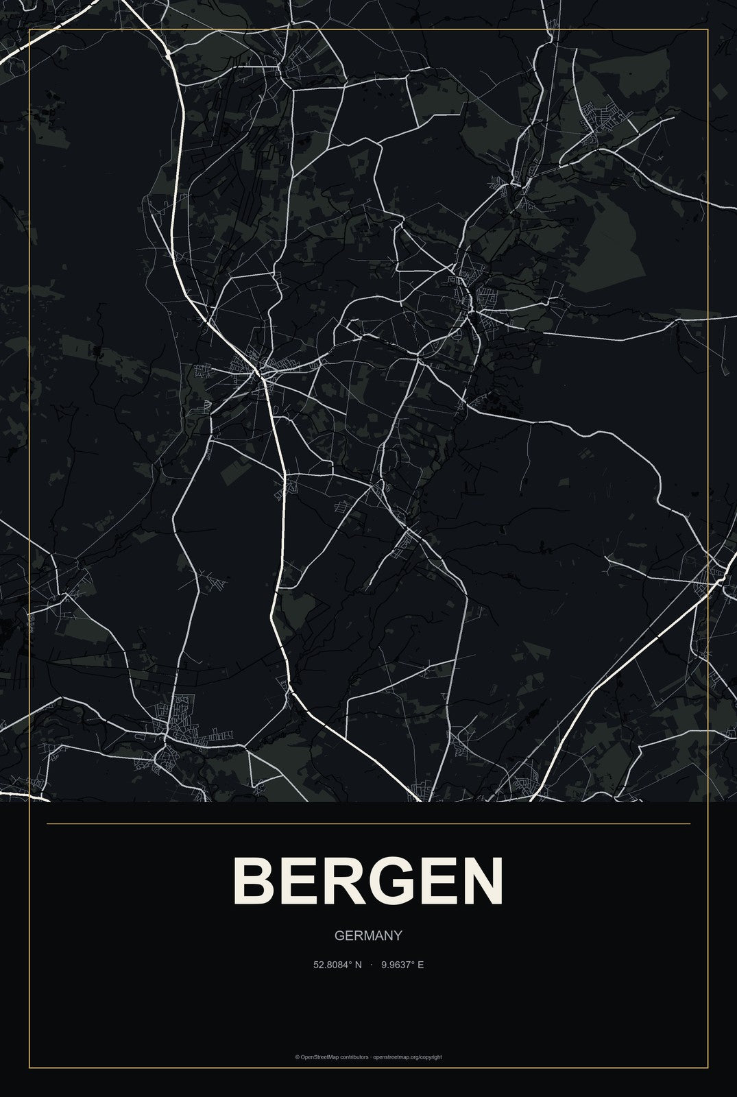 Bergen, Germany City Map Aluminum Sign in Metropolitan Noir style