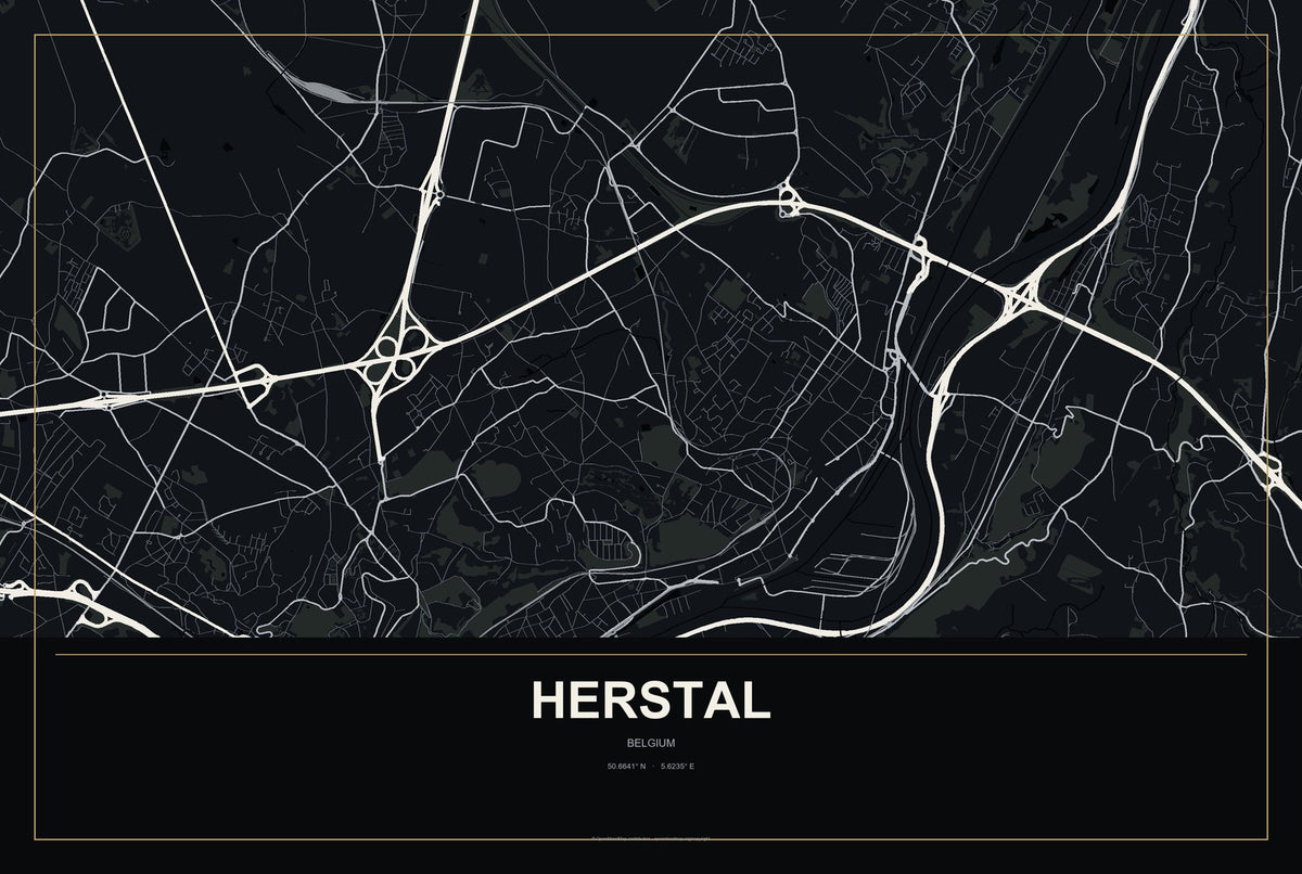 Herstal, Belgium City Map Aluminum Sign in Metropolitan Noir style