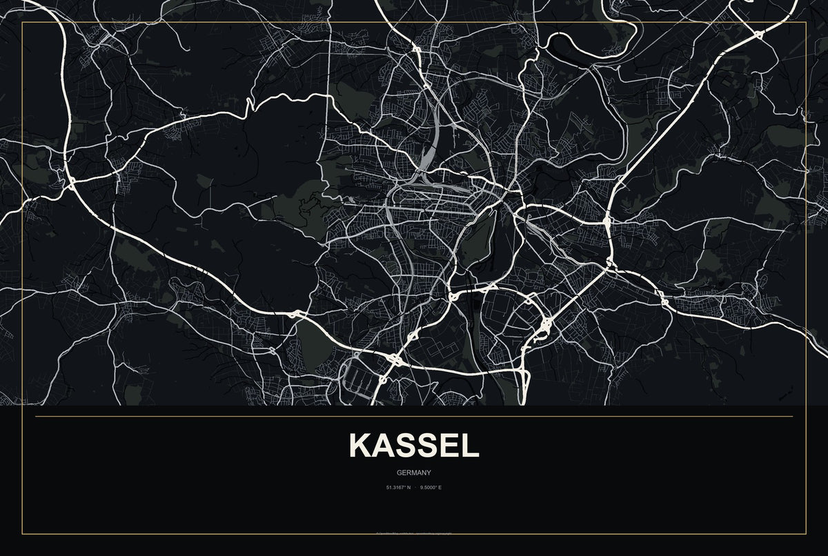 Kassel, Germany City Map Aluminum Sign in Metropolitan Noir style