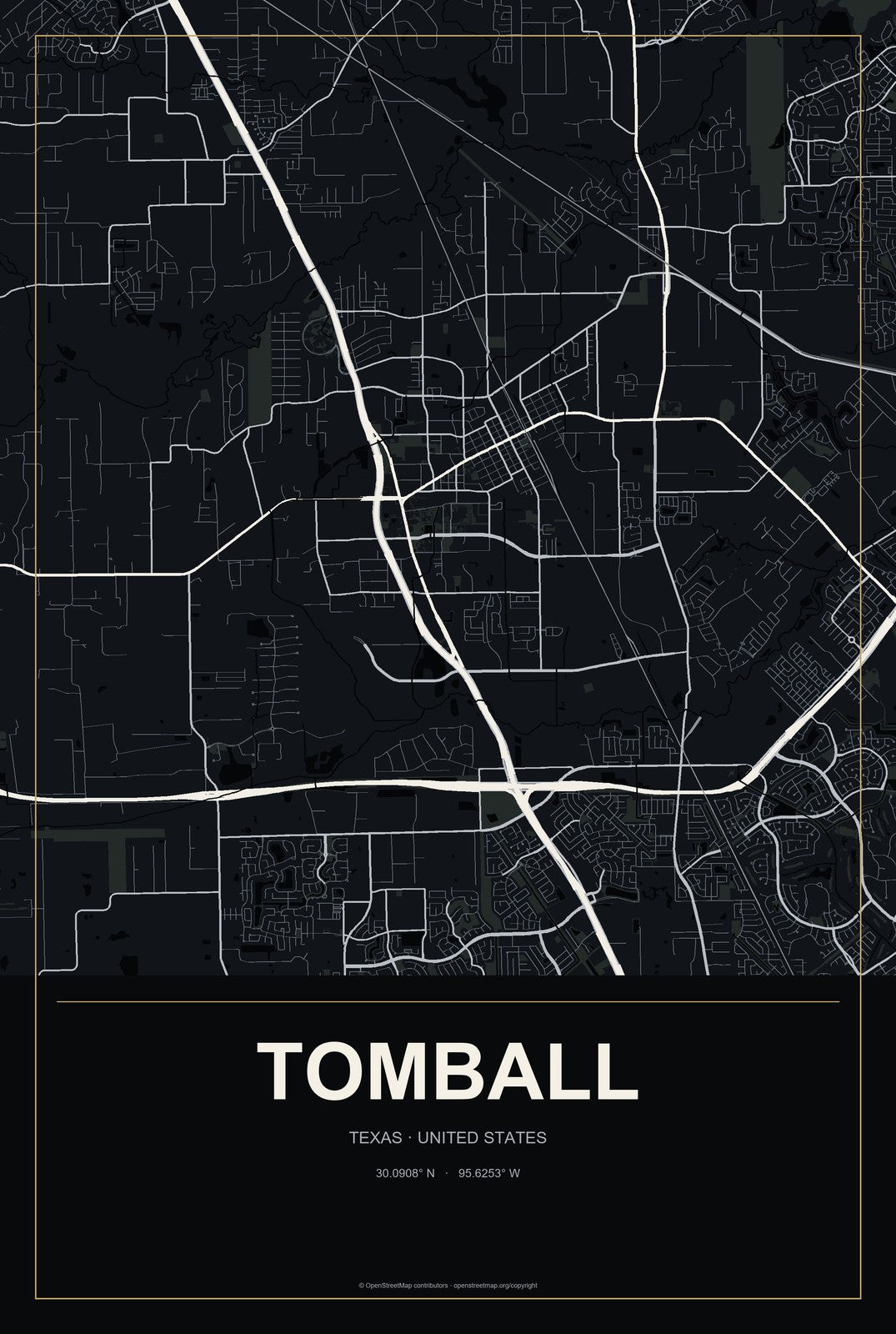Tomball, Texas City Map Aluminum Sign in Metropolitan Noir style