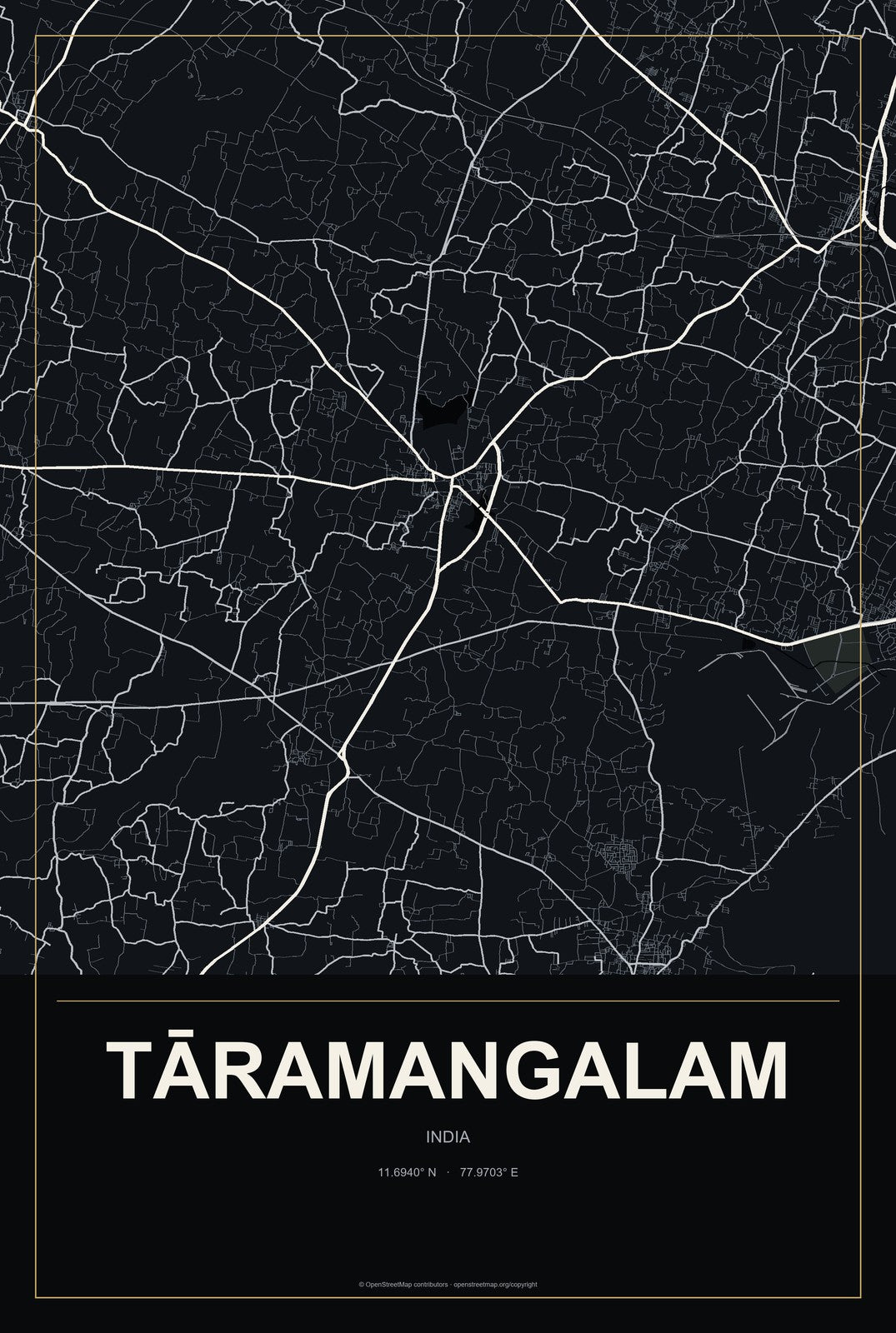 Tāramangalam, India City Map Aluminum Sign in Metropolitan Noir style