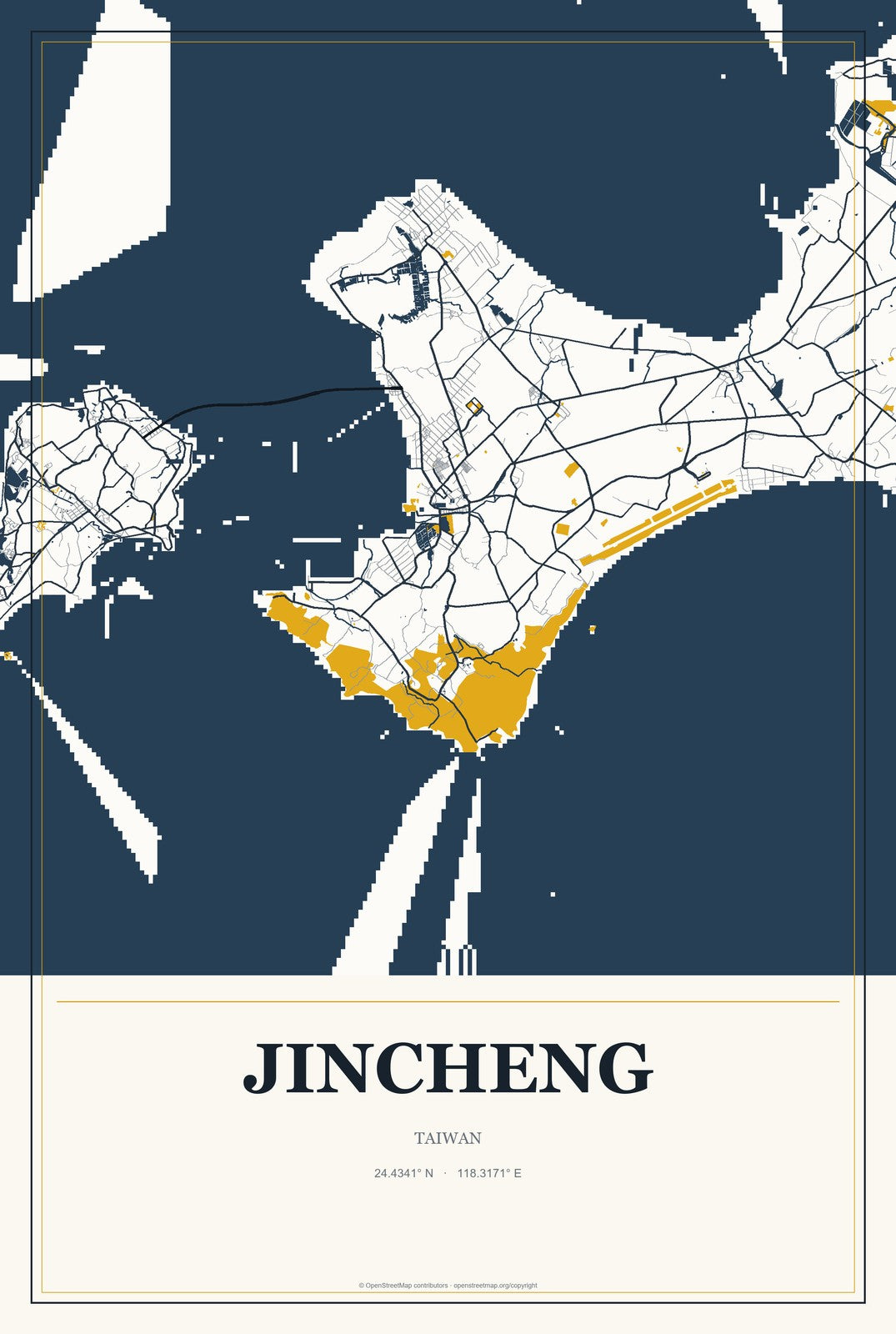Jincheng, Taiwan City Map Aluminum Sign in Citrine Modern style