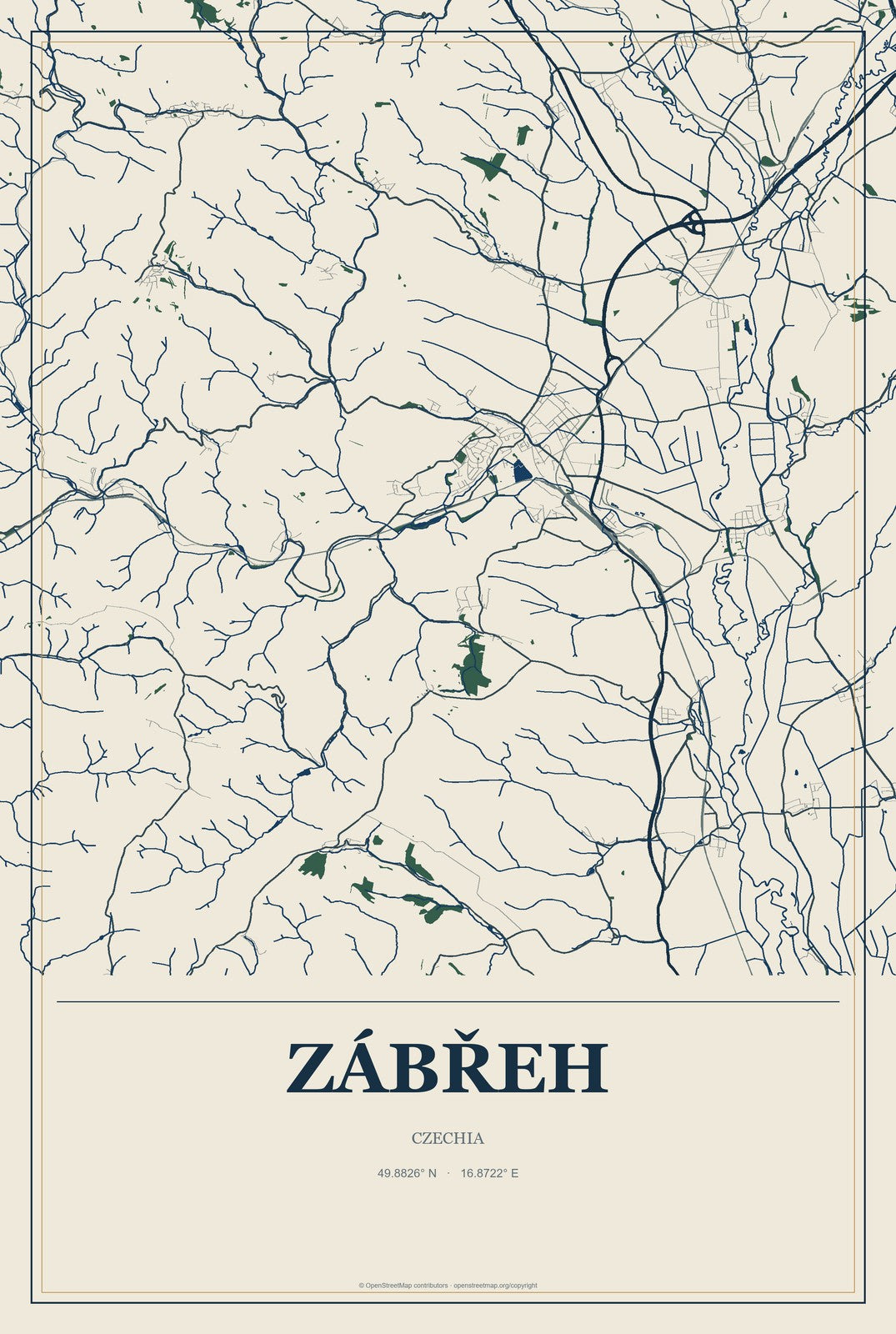 Zábřeh, Czechia City Map Aluminum Sign in Coastal Cutout style
