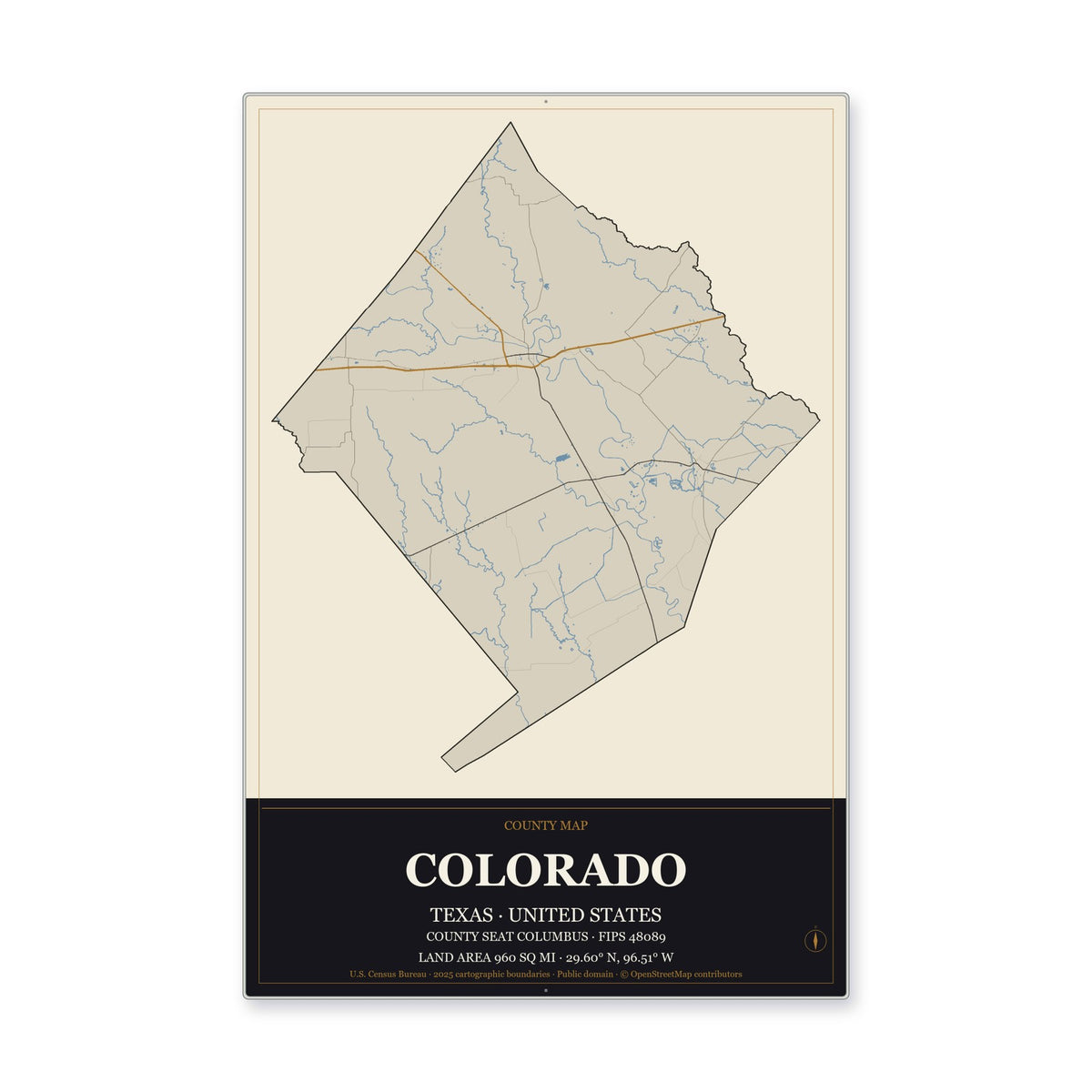 Colorado County, Texas Map Aluminum Sign in Museum Plaque style