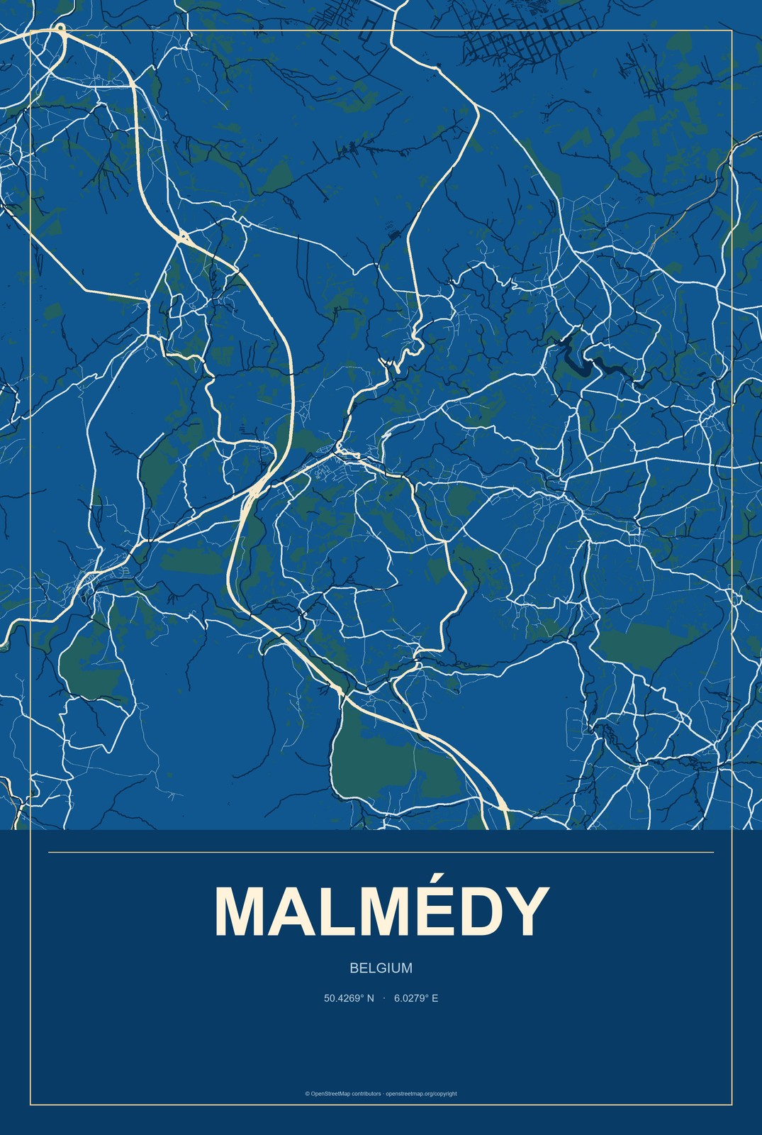 Malmédy, Belgium City Map Aluminum Sign in Harbor Cobalt style