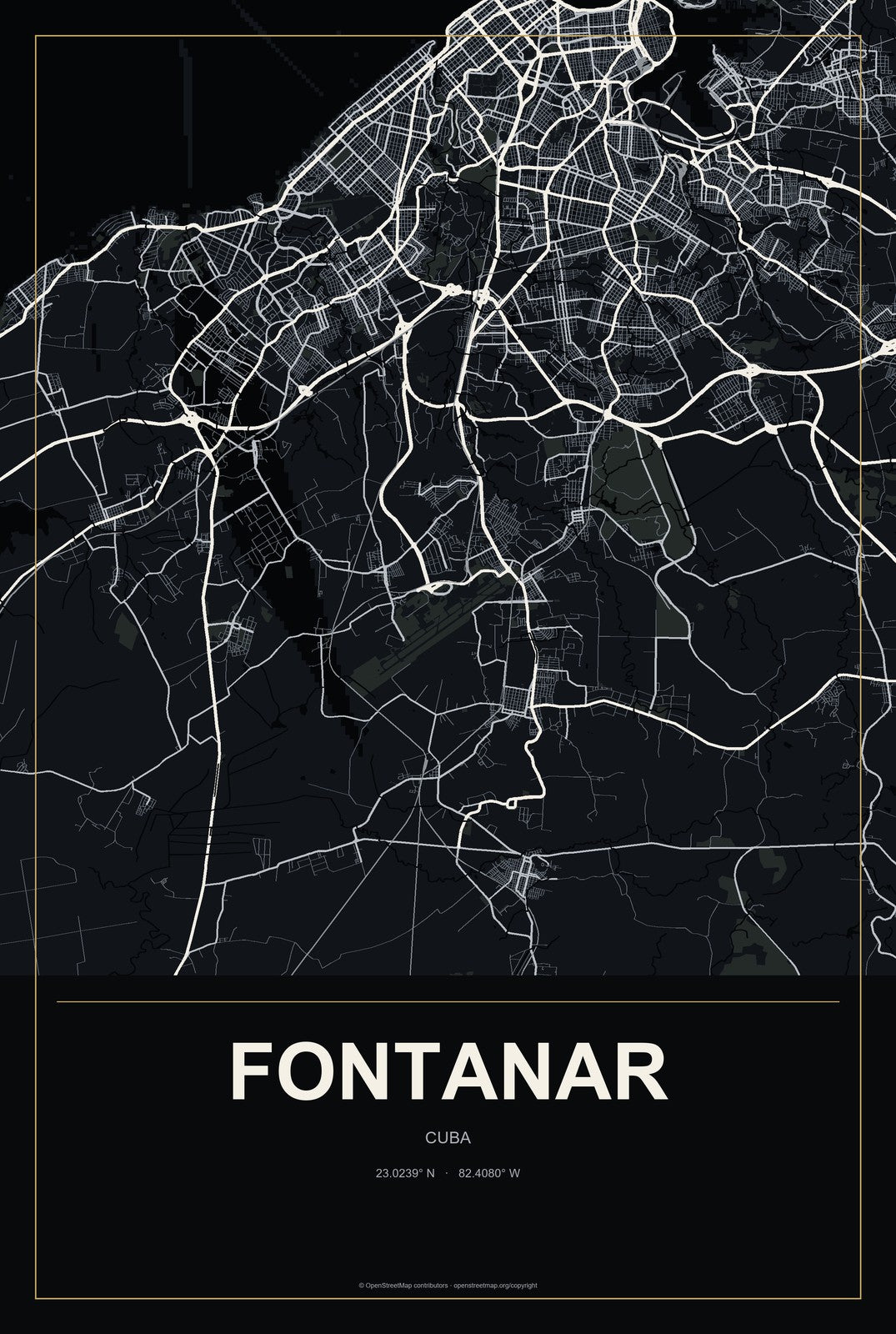 Fontanar, Cuba City Map Aluminum Sign in Metropolitan Noir style