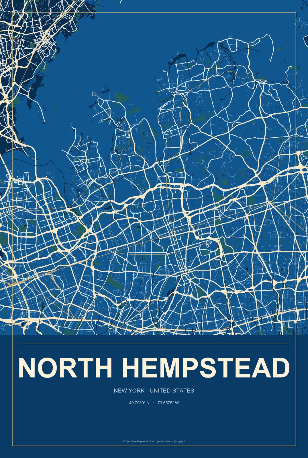 North Hempstead, New York City Map Aluminum Sign in Harbor Cobalt style