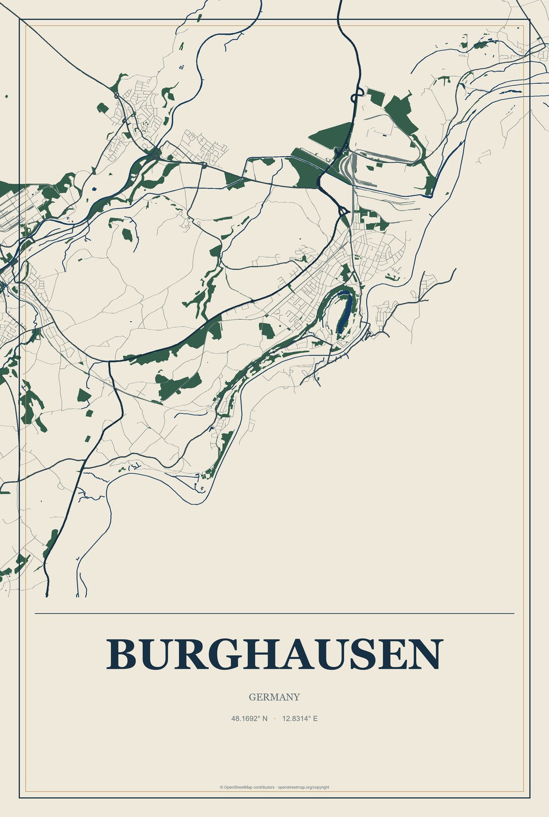 Burghausen, Germany City Map Aluminum Sign in Coastal Cutout style