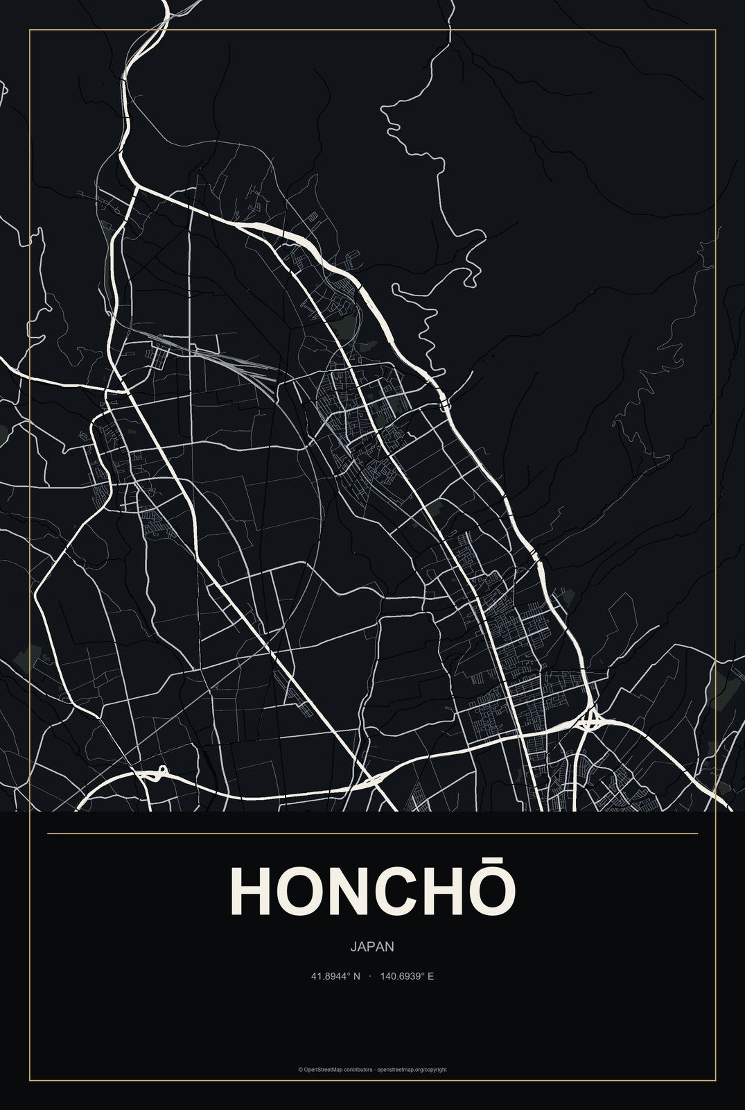 Honchō, Japan City Map Aluminum Sign in Metropolitan Noir style