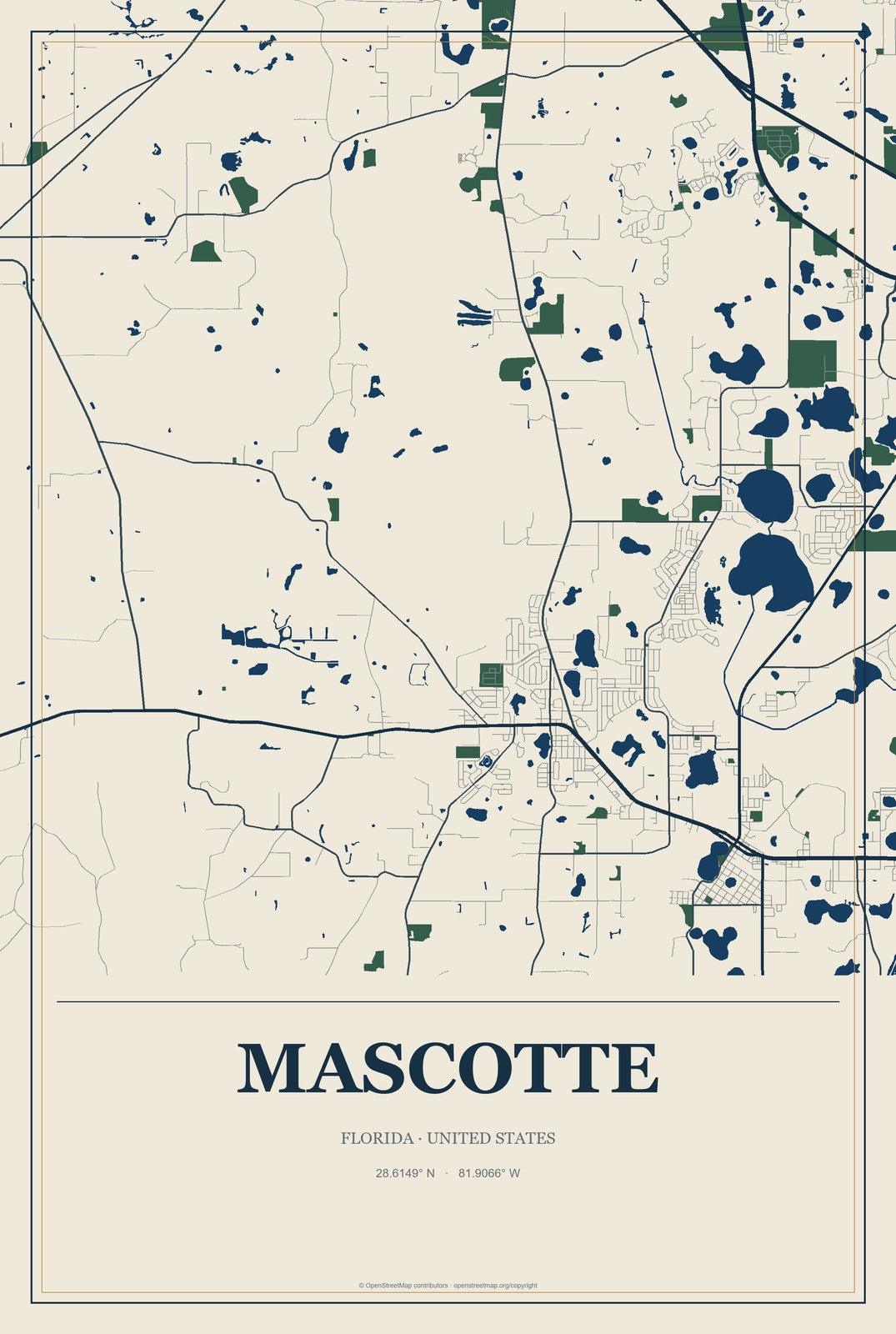 Mascotte, Florida City Map Aluminum Sign in Coastal Cutout style