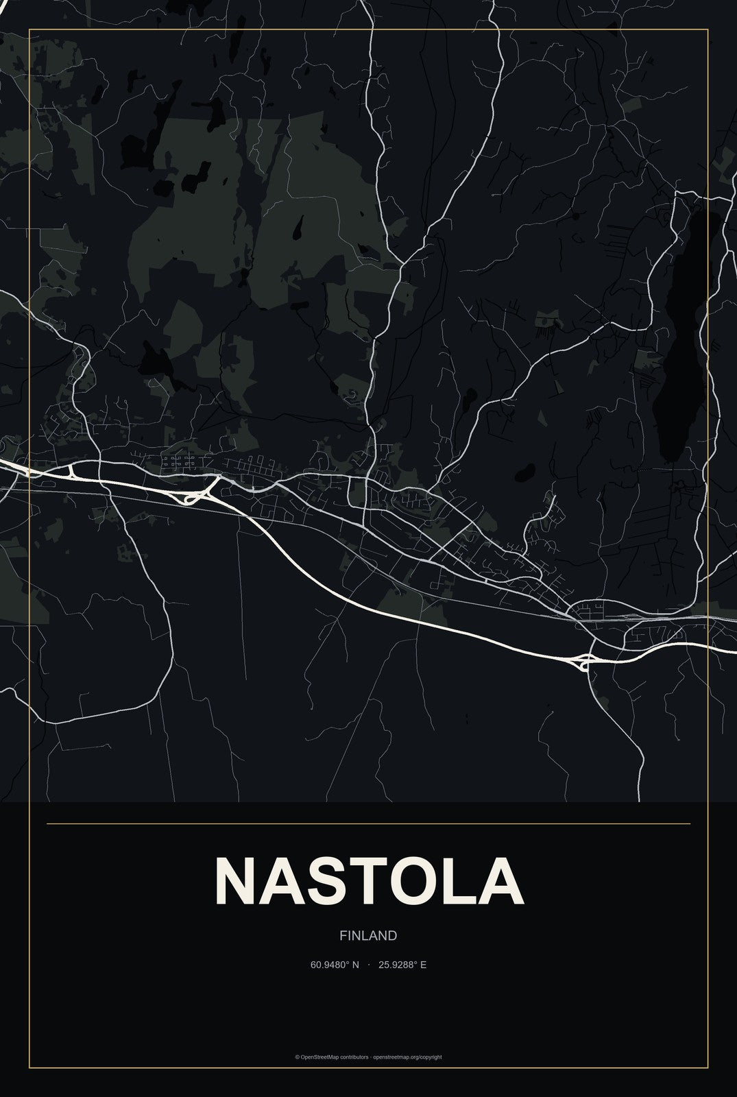 Nastola, Finland City Map Aluminum Sign in Metropolitan Noir style