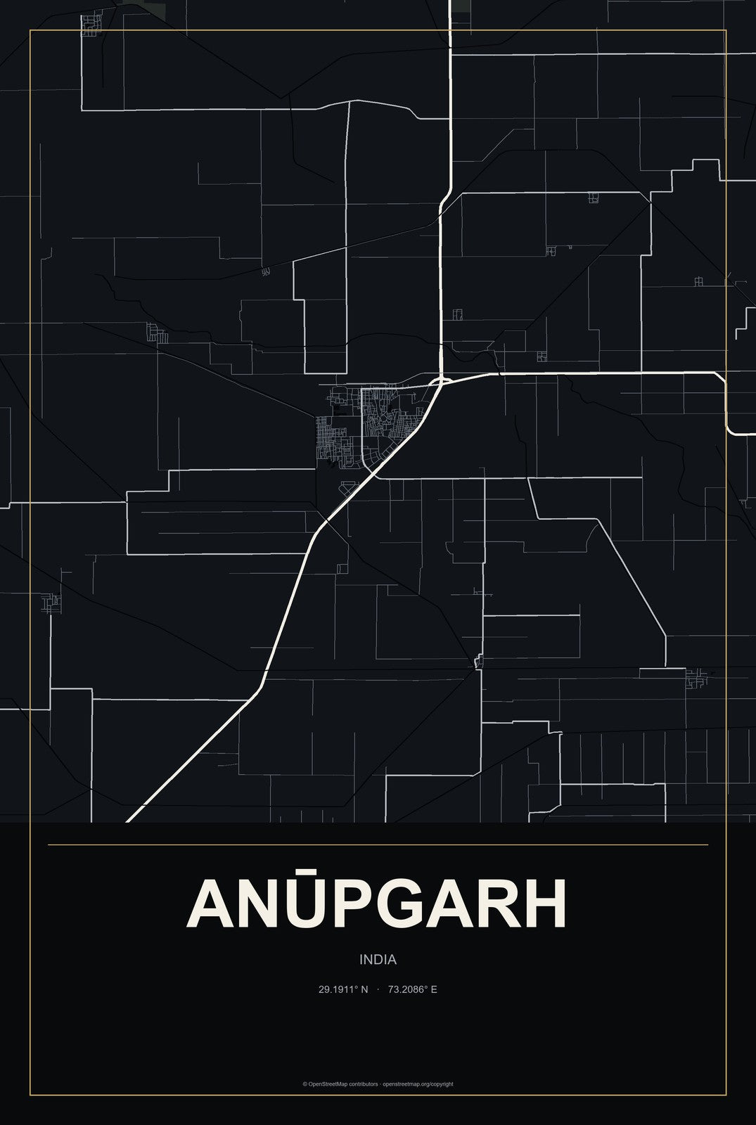 Anūpgarh, India City Map Aluminum Sign in Metropolitan Noir style