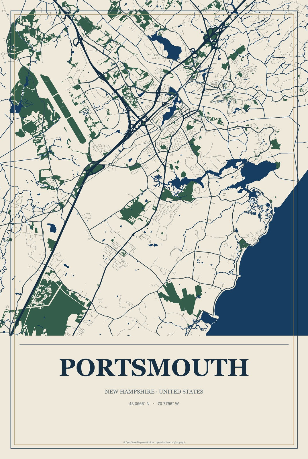 Portsmouth, New Hampshire City Map Aluminum Sign in Coastal Cutout style