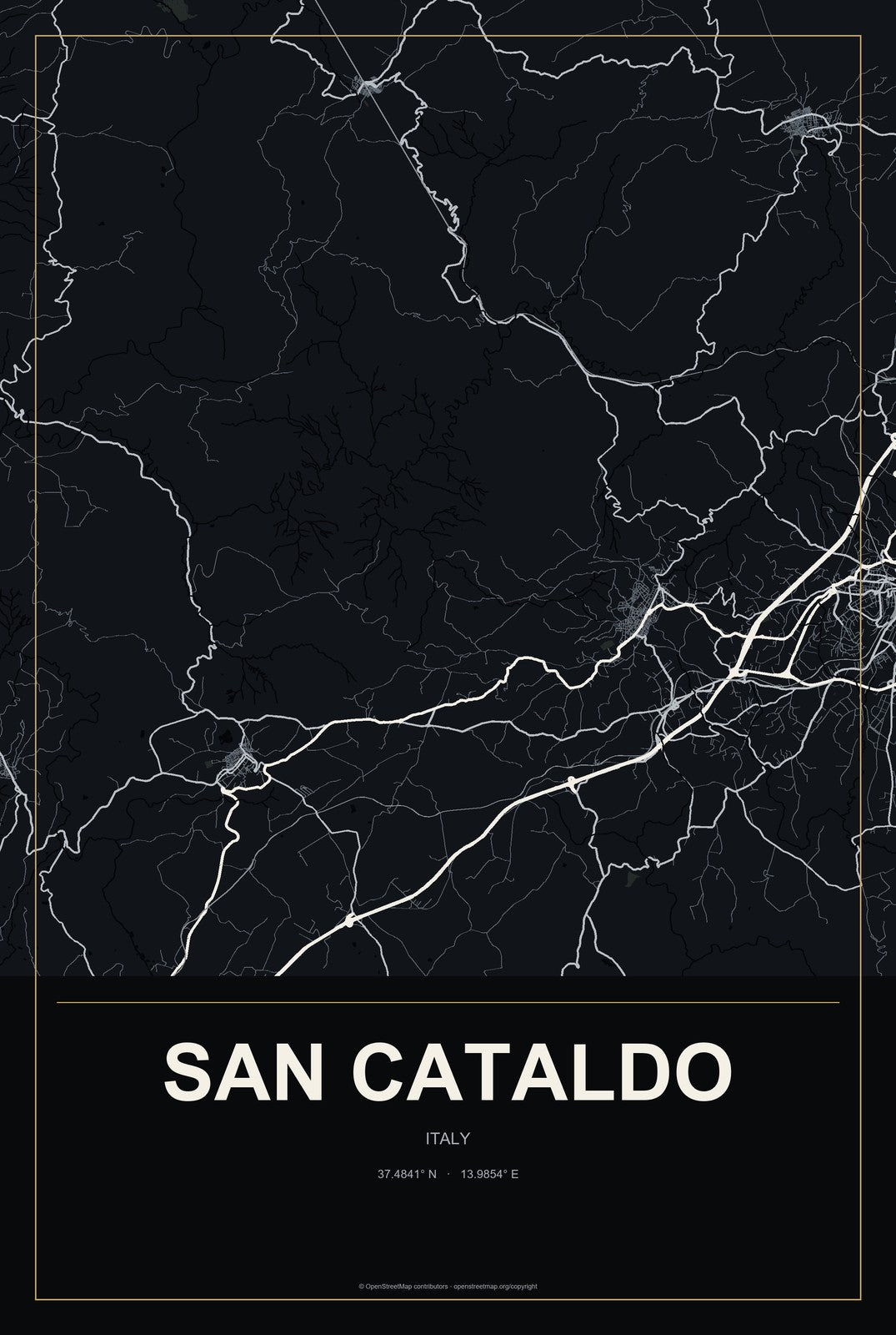 San Cataldo, Italy City Map Aluminum Sign in Metropolitan Noir style