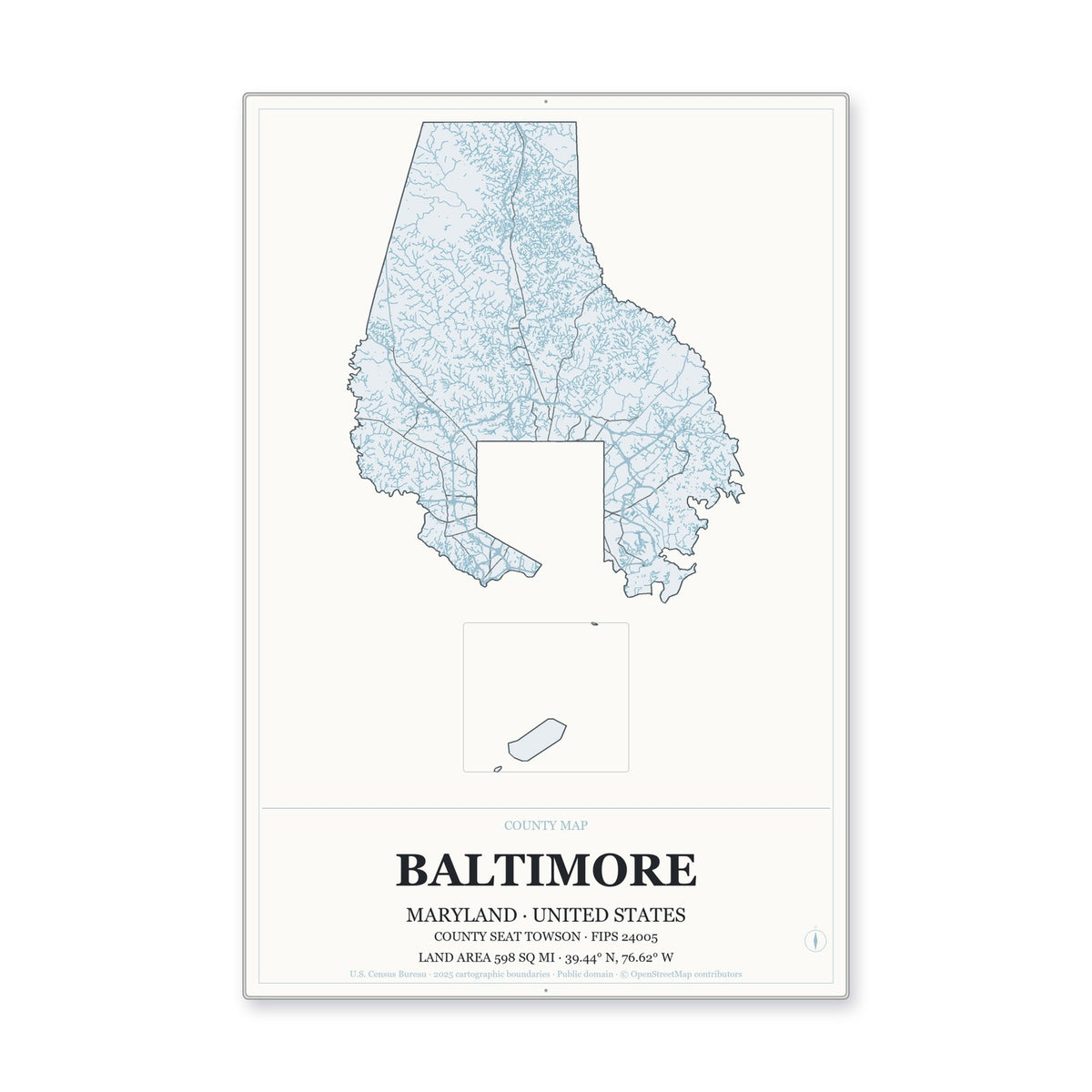 Baltimore County, Maryland Map Aluminum Sign in Gallery Air style