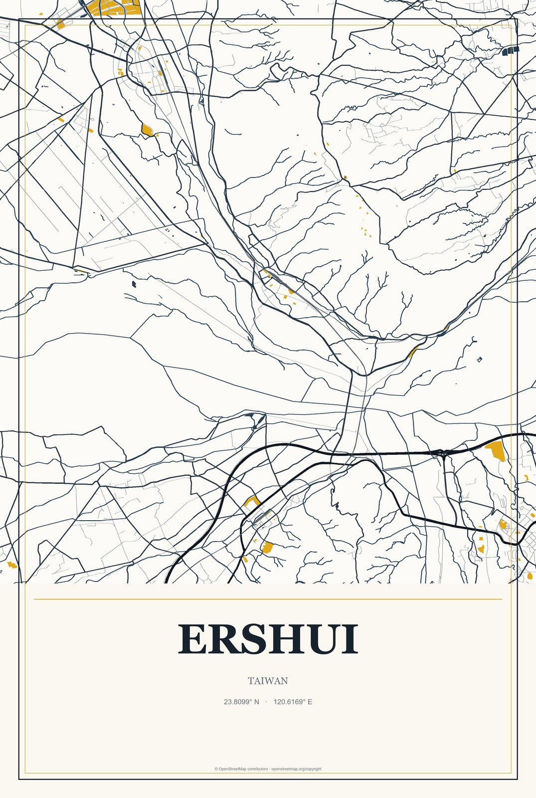 Ershui, Taiwan City Map Aluminum Sign in Citrine Modern style