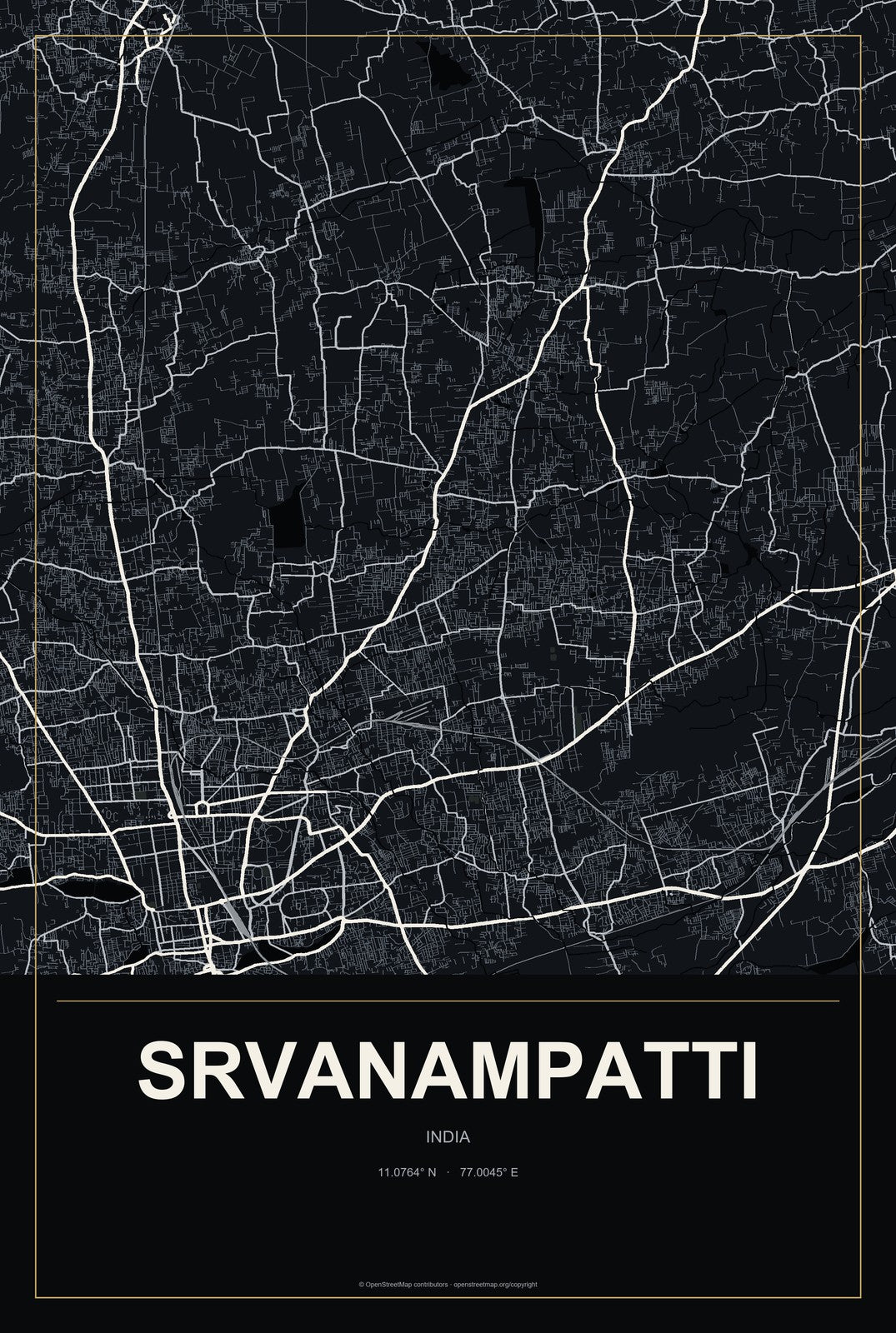 Srvanampatti, India City Map Aluminum Sign in Metropolitan Noir style