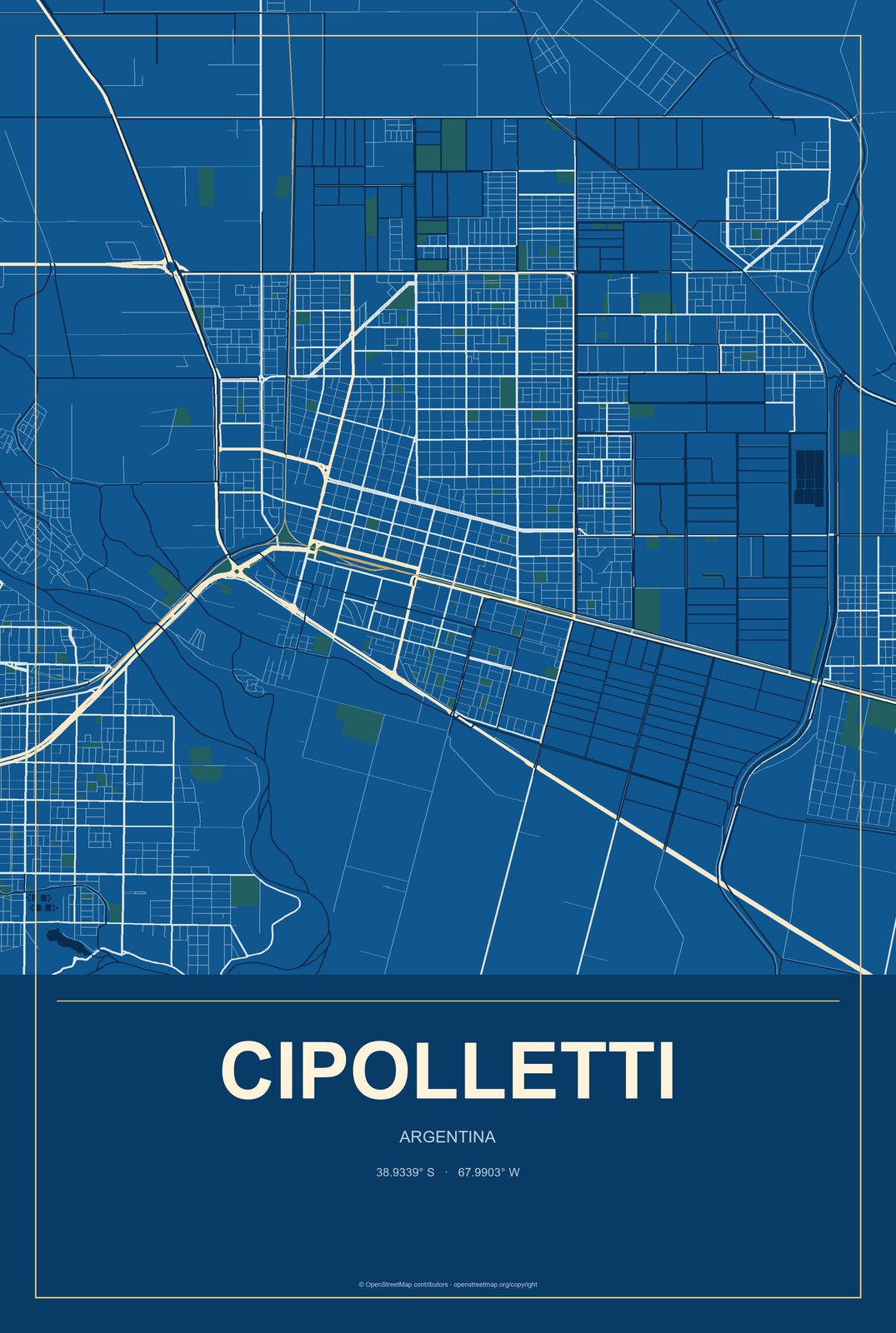 Cipolletti, Argentina City Map Aluminum Sign in Harbor Cobalt style