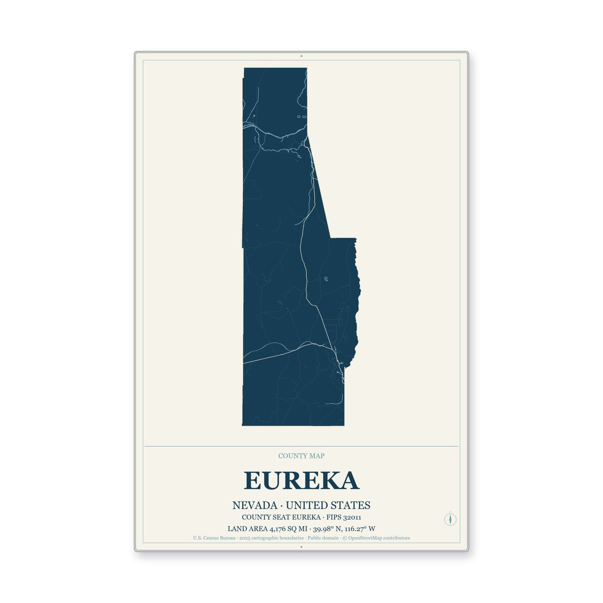 Eureka County, Nevada Map Aluminum Sign in Coastal Cutout style