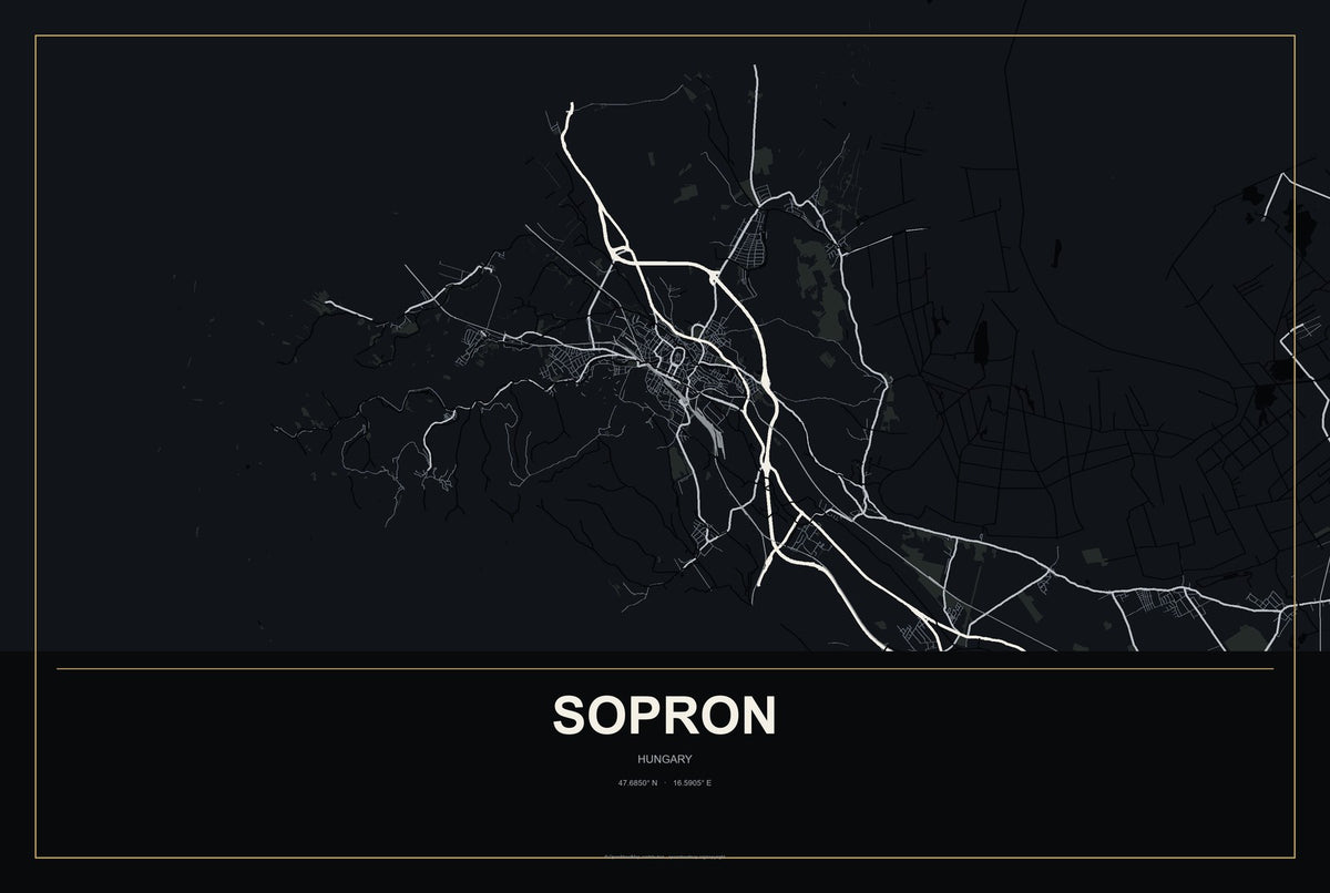 Sopron, Hungary City Map Aluminum Sign in Metropolitan Noir style